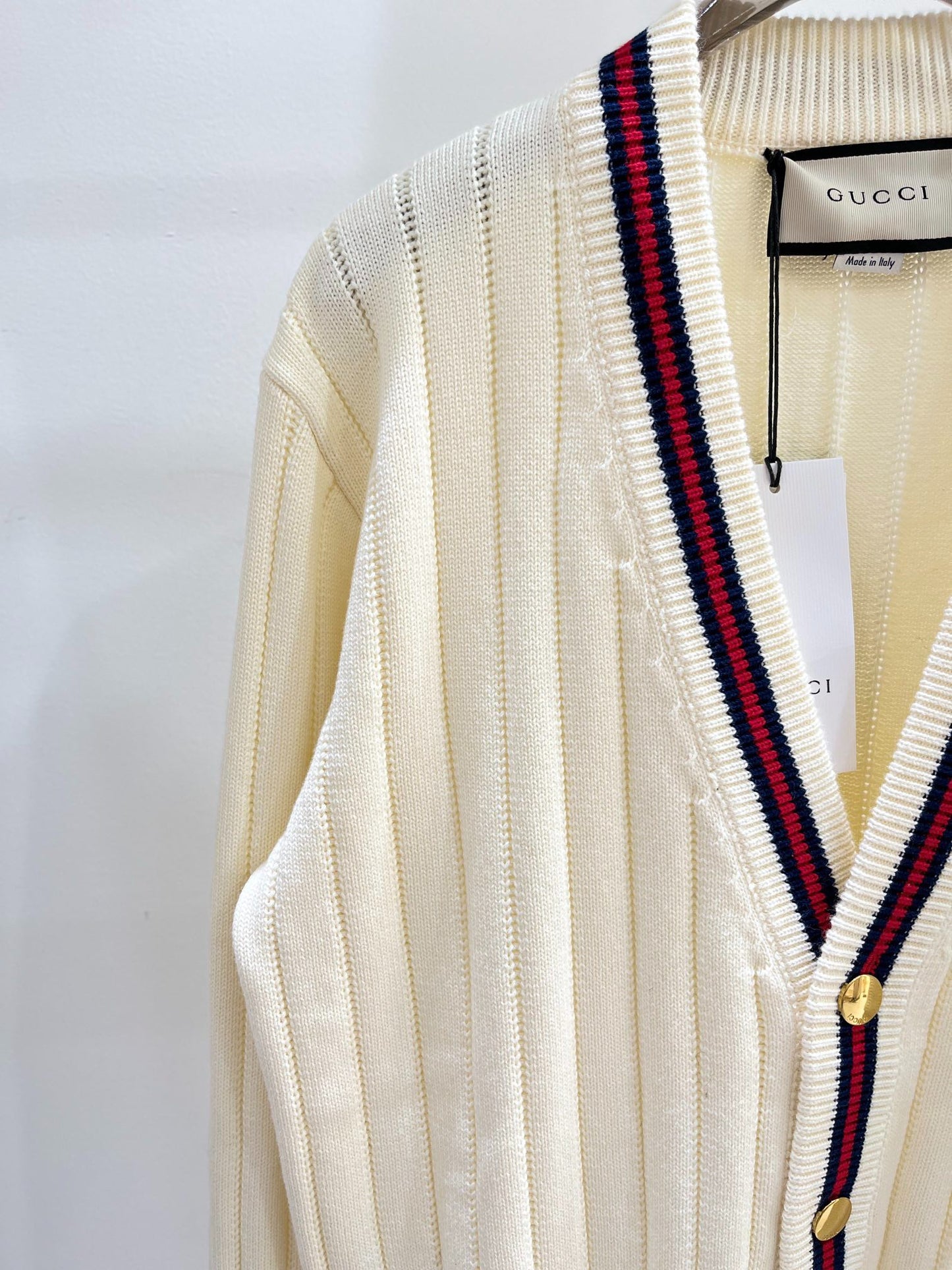 G 25 V-Neck Knit Vertical Stripe Knit Cardigan