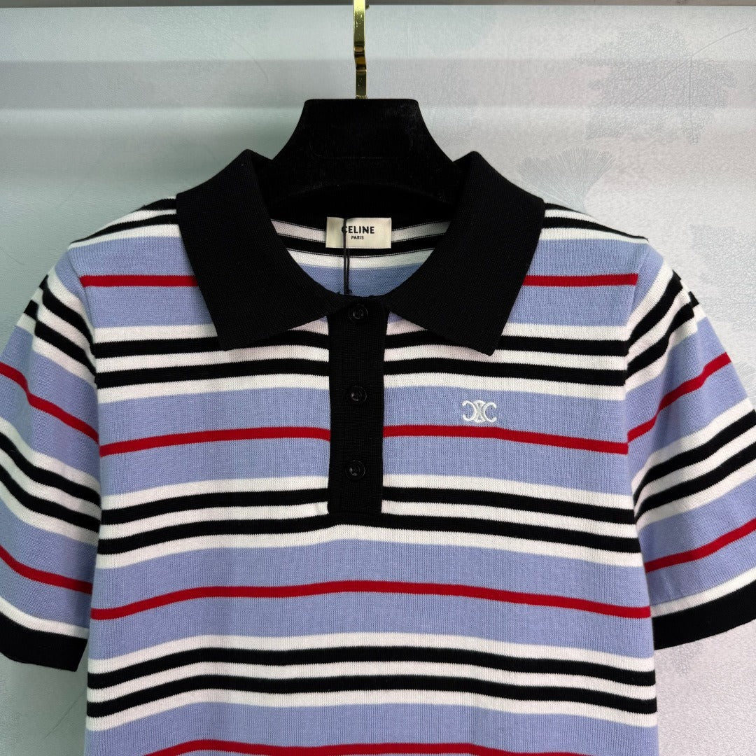 CE 2𝟓 New Striped Lapel Embroidered 𝐥𝐨𝐠𝐨 Short Sleeve