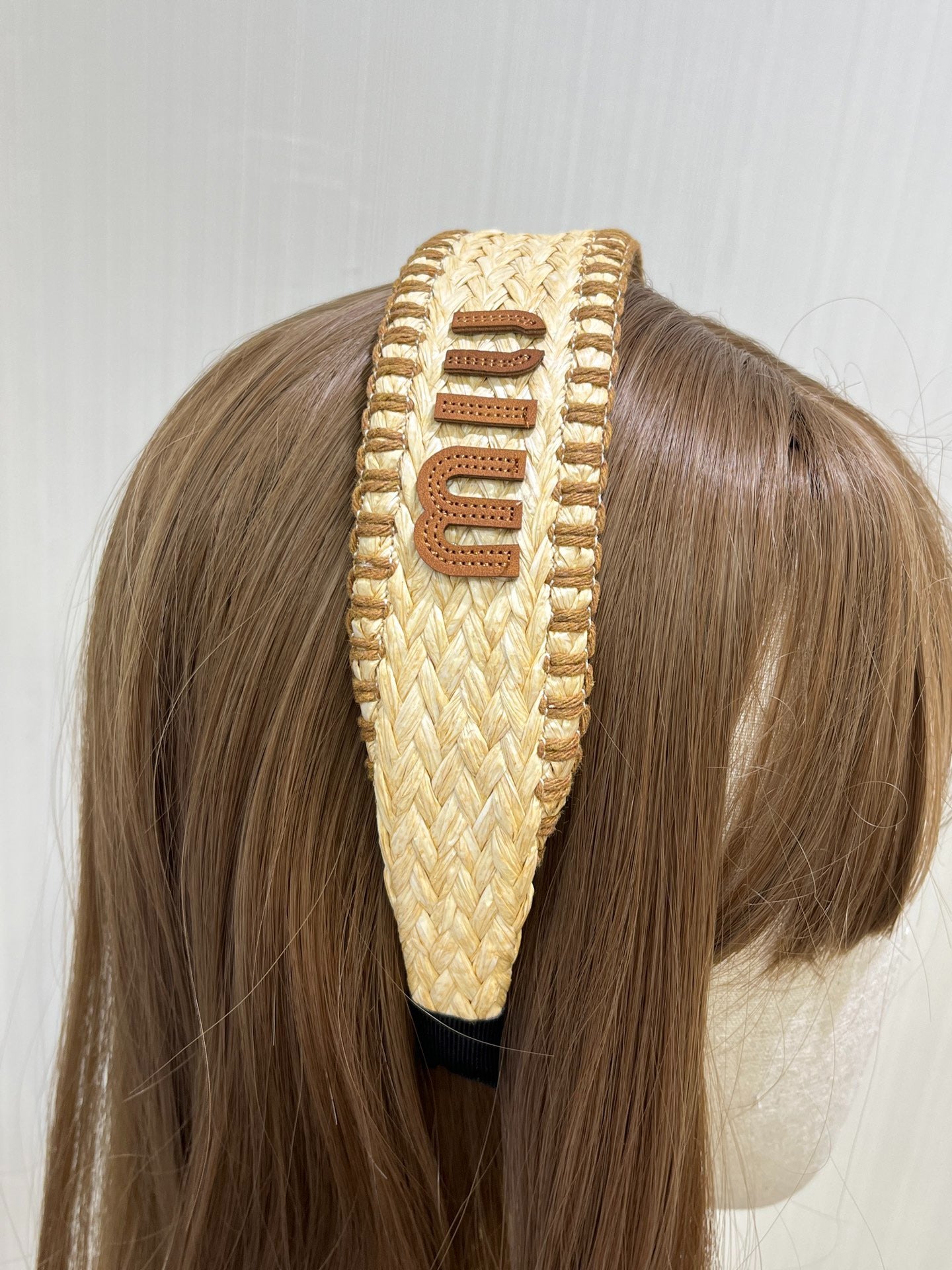 M 25 New Brown Leatherface Letters Wide Straw Hairband