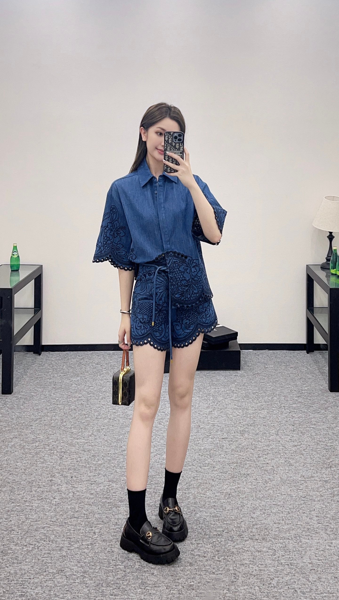 Z*♥New Arrival Embroidered Denim Shirt Shorts Set