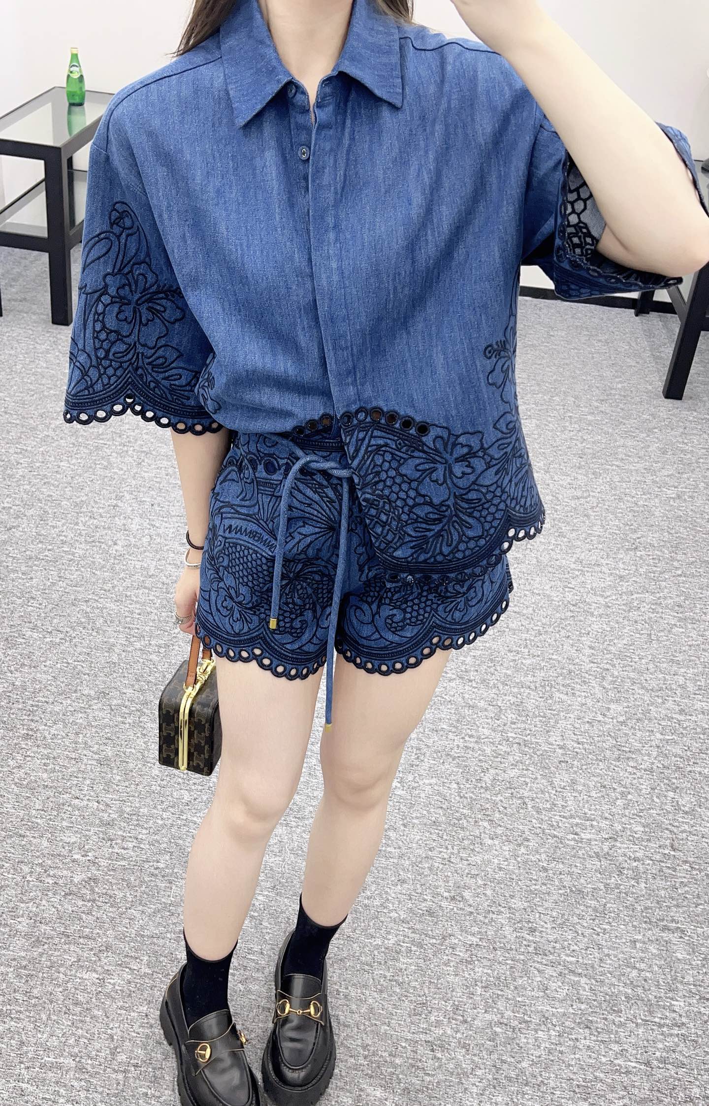 Z*♥New Arrival Embroidered Denim Shirt Shorts Set