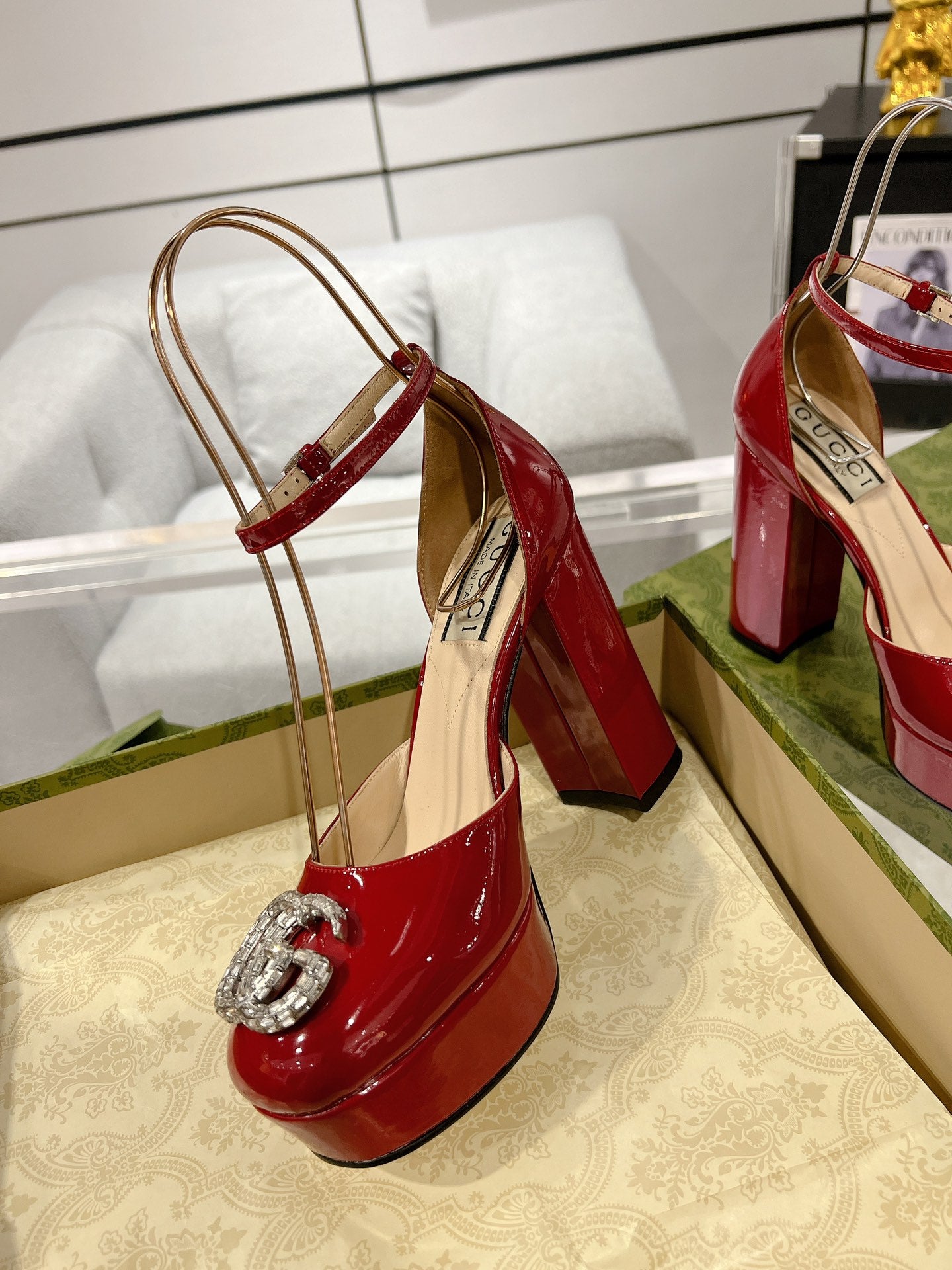 G New high heels with crystal diamond double G buckle