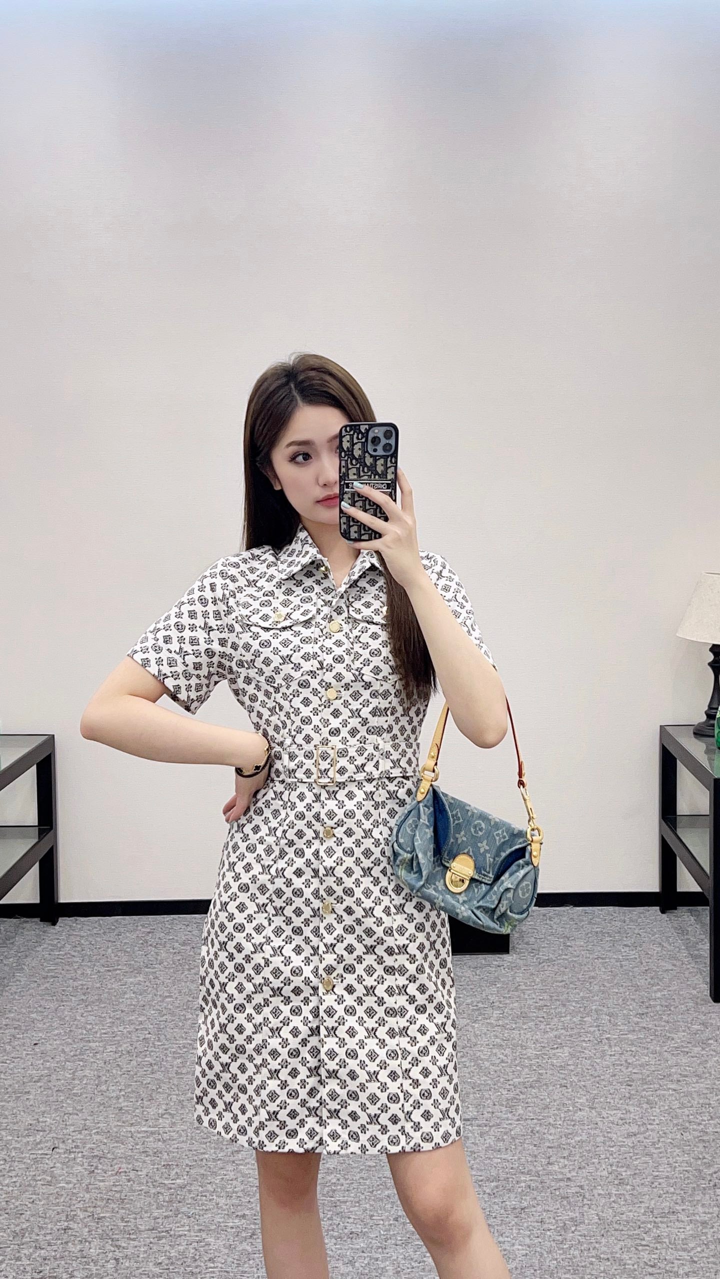 L 2025 new product Printed belt denim dress