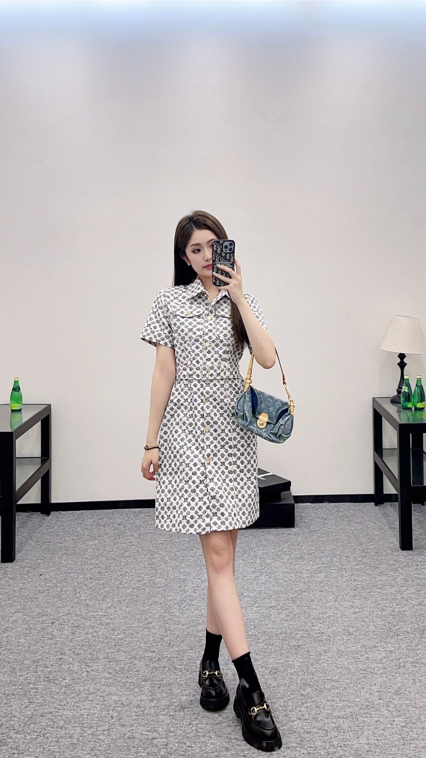 L 2025 new product Printed belt denim dress