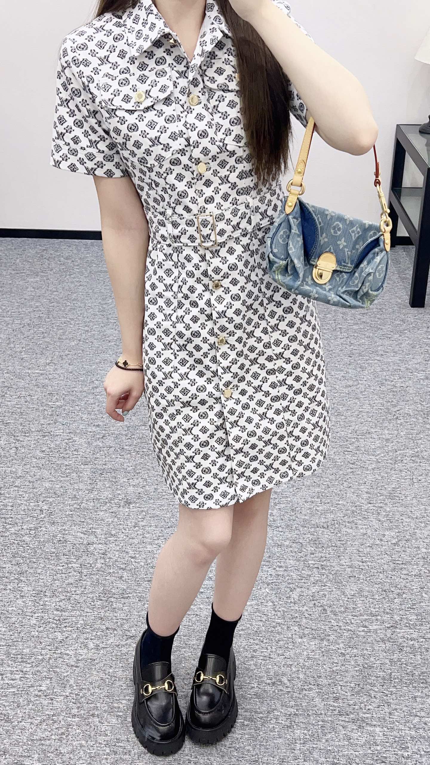 L 2025 new product Printed belt denim dress