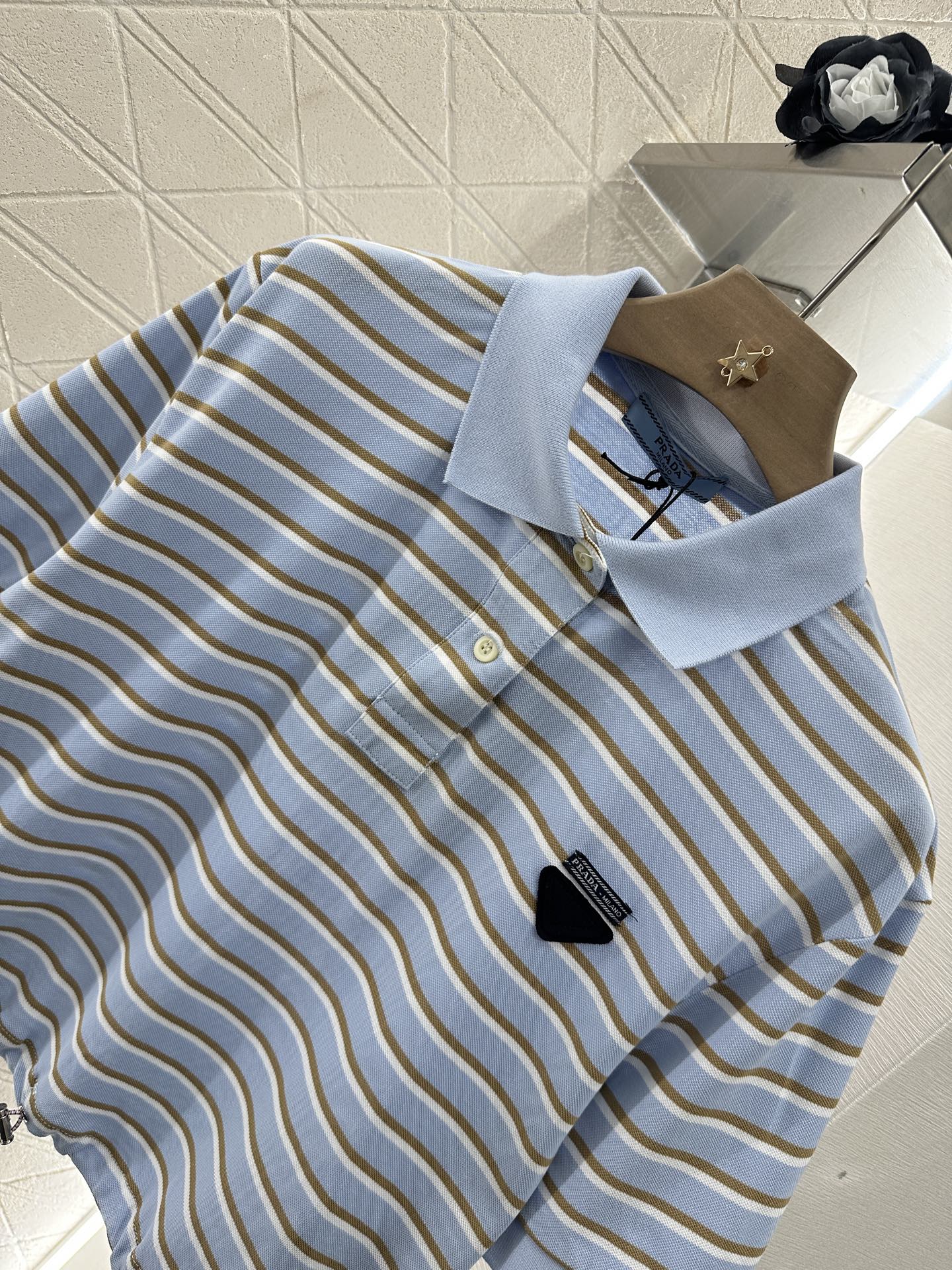 P 2025 new product Lapel striped short-sleeved top
