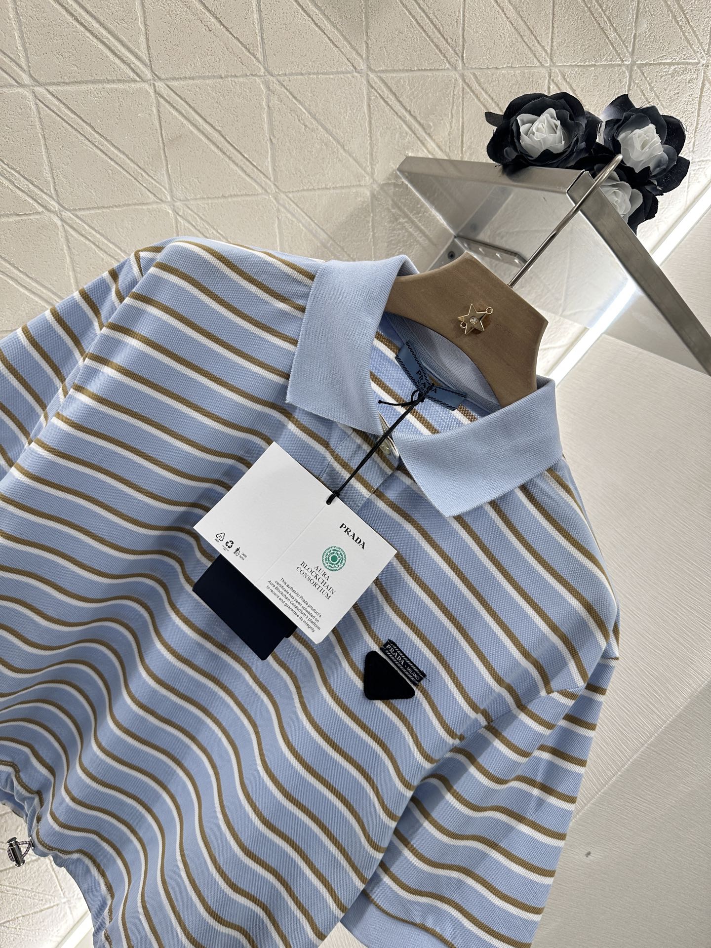P 2025 new product Lapel striped short-sleeved top