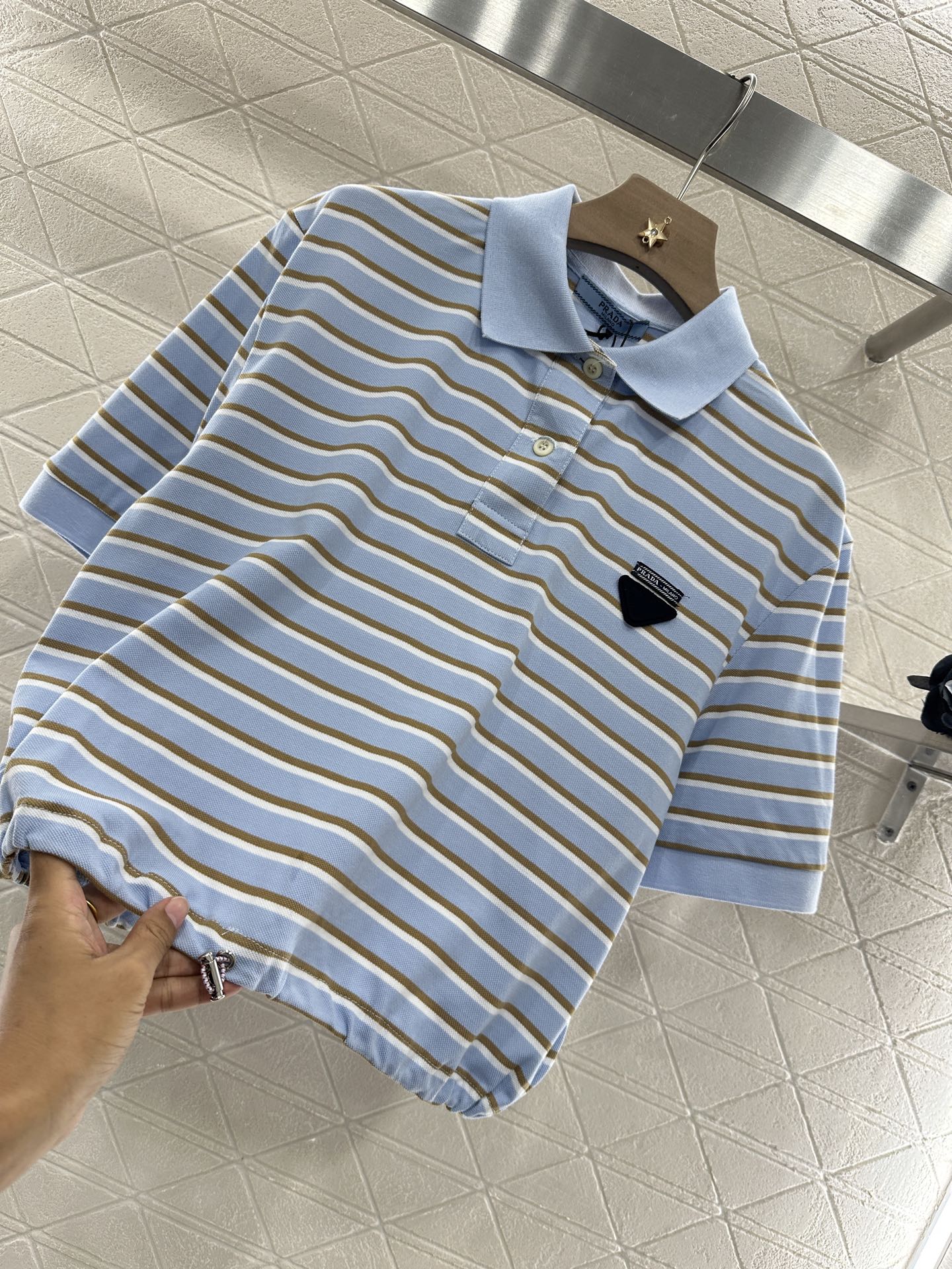 P 2025 new product Lapel striped short-sleeved top