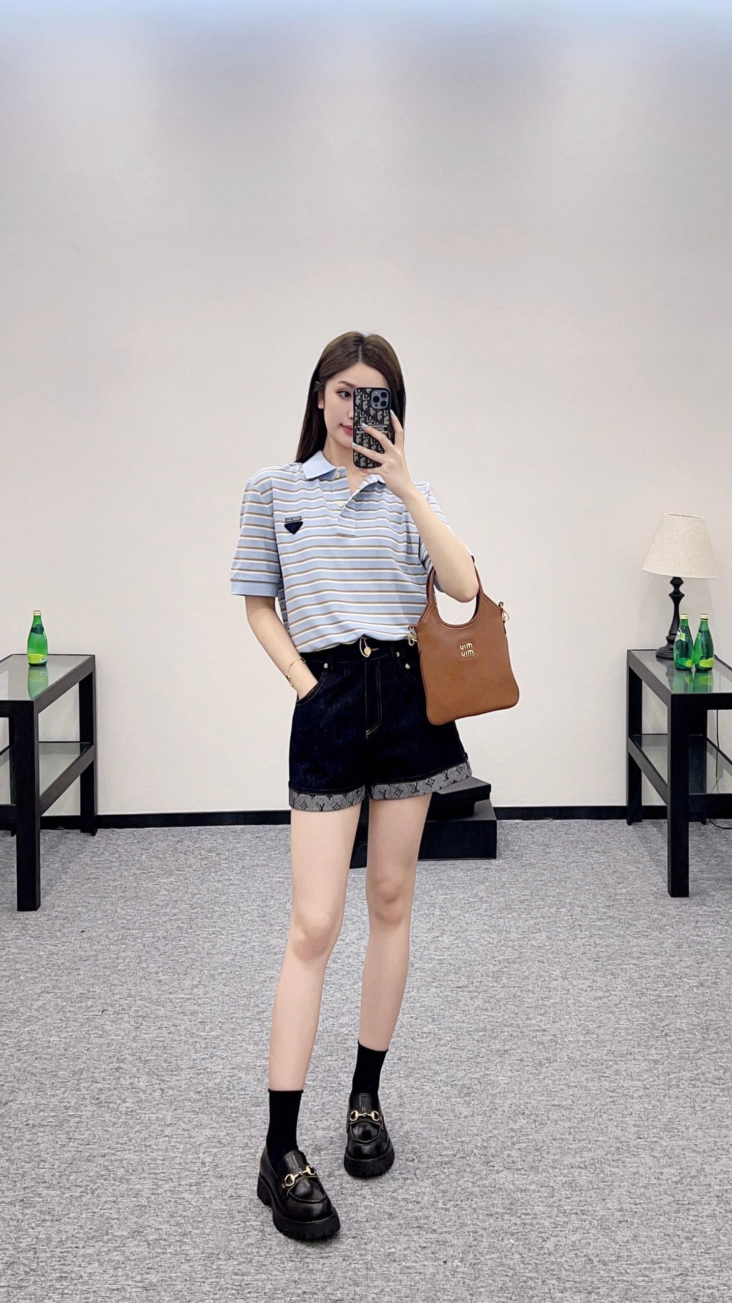 P 2025 new product Lapel striped short-sleeved top