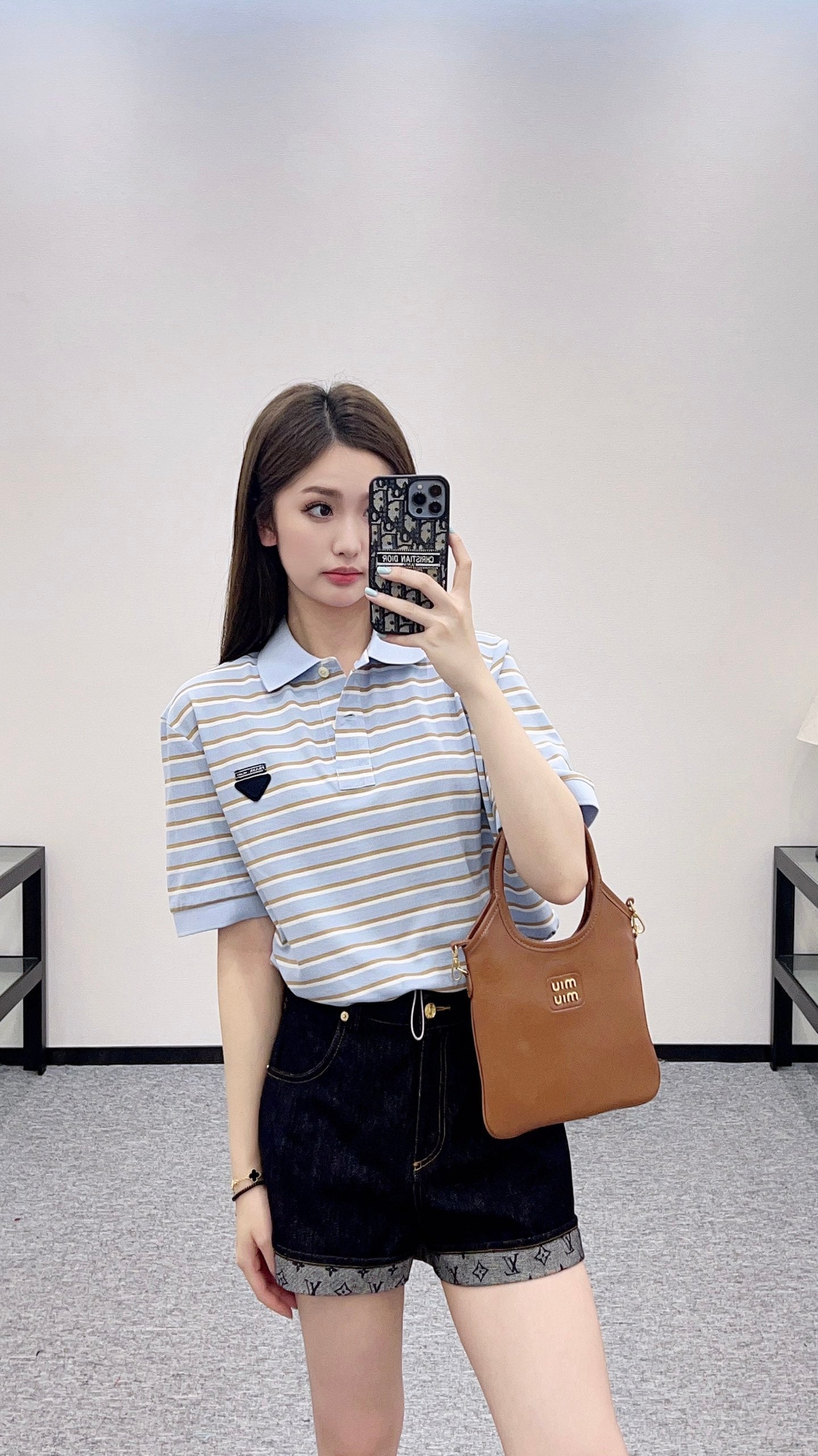 P 2025 new product Lapel striped short-sleeved top