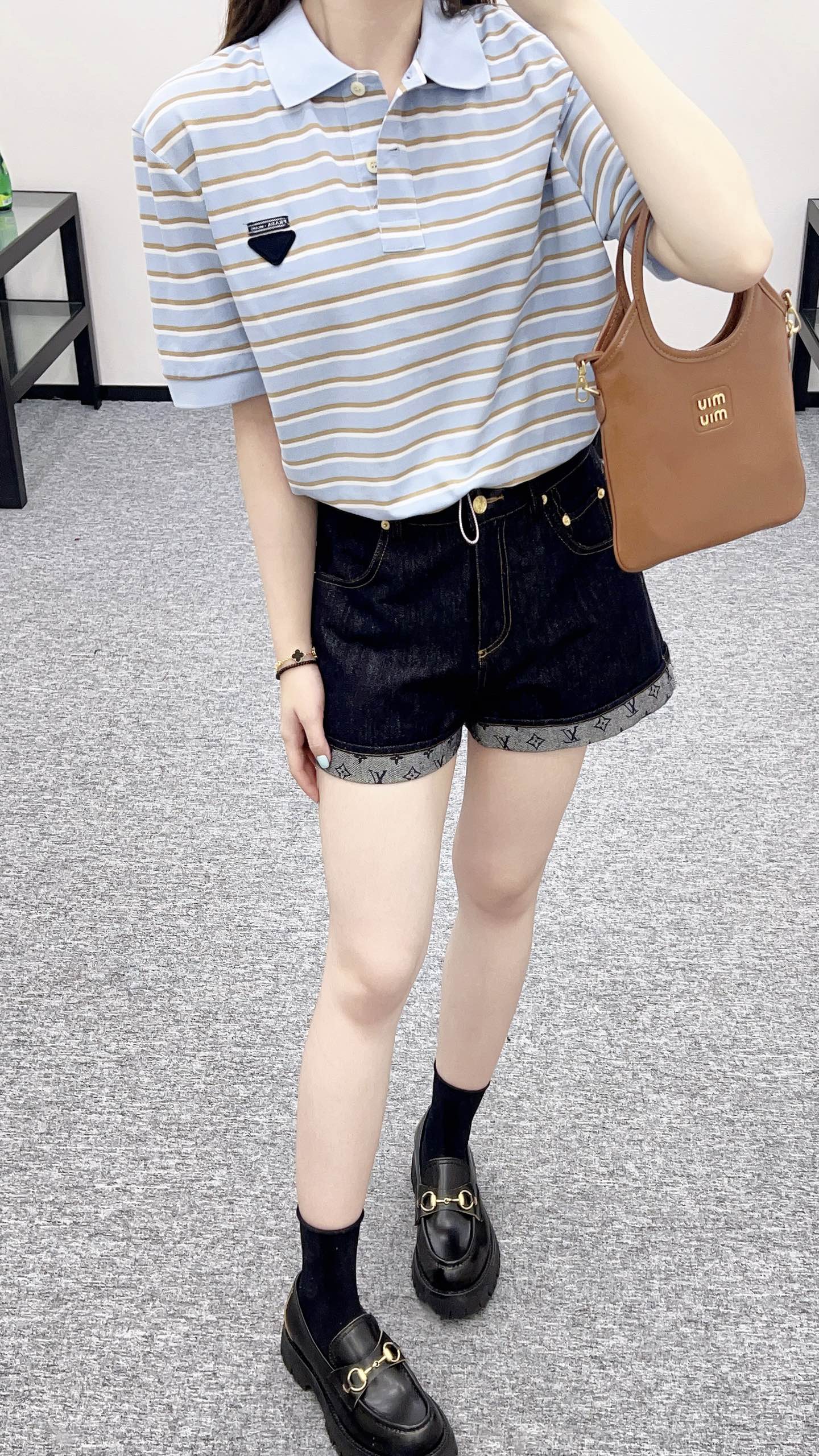 P 2025 new product Lapel striped short-sleeved top