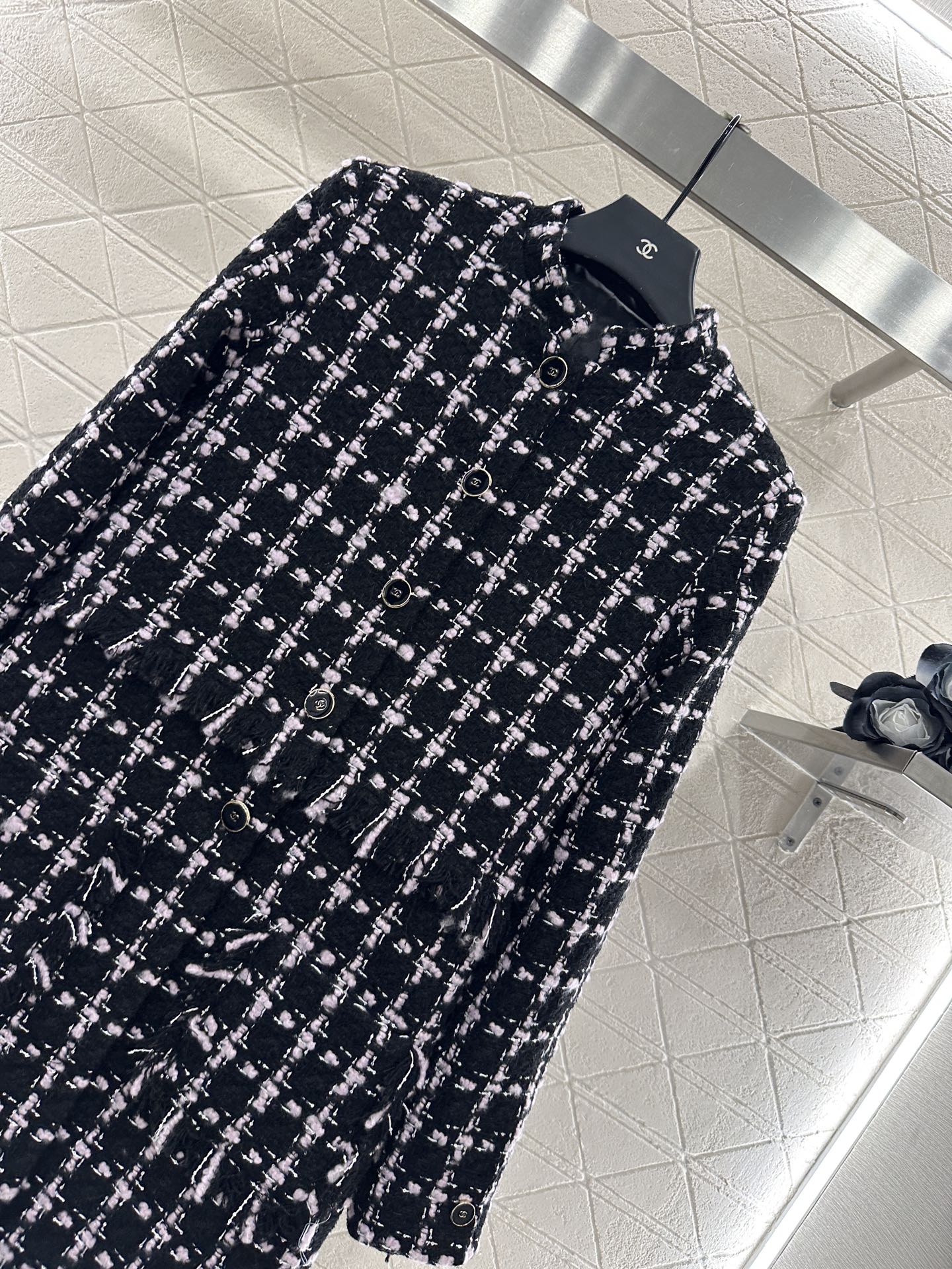 C 25 Woven Tweed Banded Hem Long Coat Dress