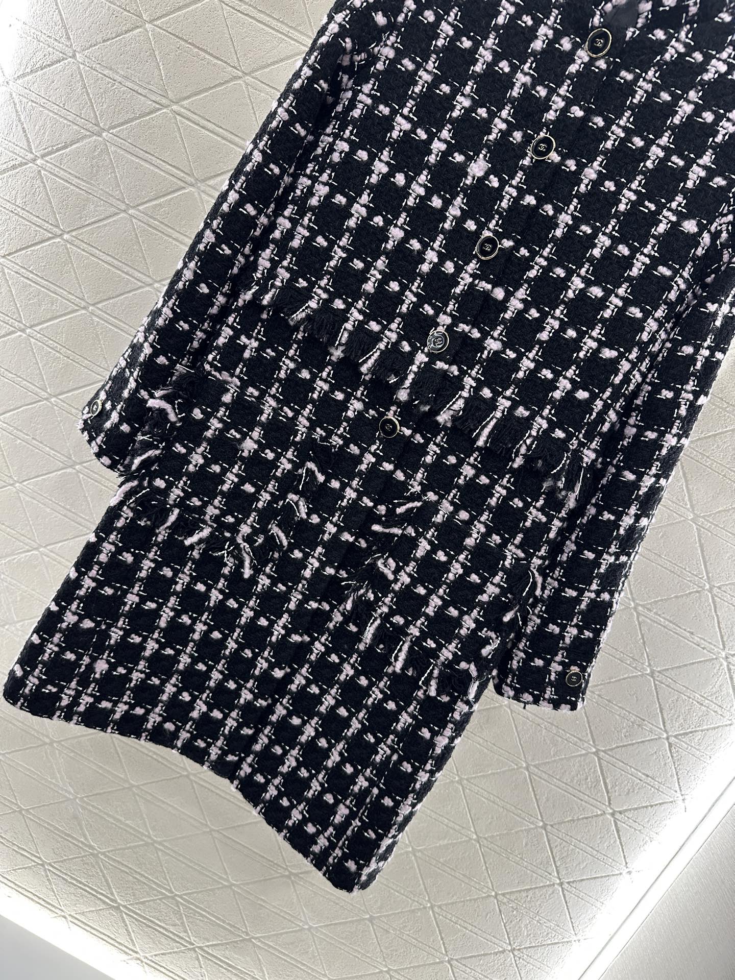 C 25 Woven Tweed Banded Hem Long Coat Dress