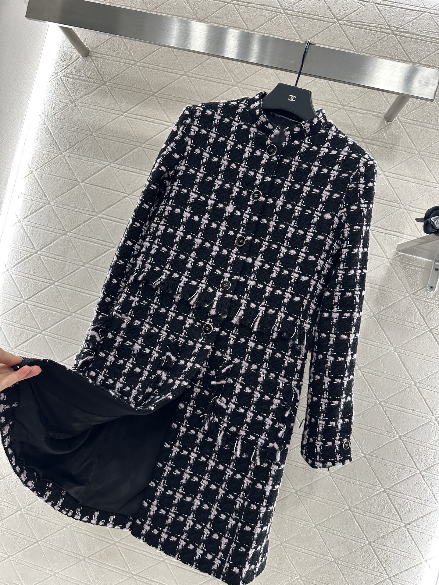 C 25 Woven Tweed Banded Hem Long Coat Dress