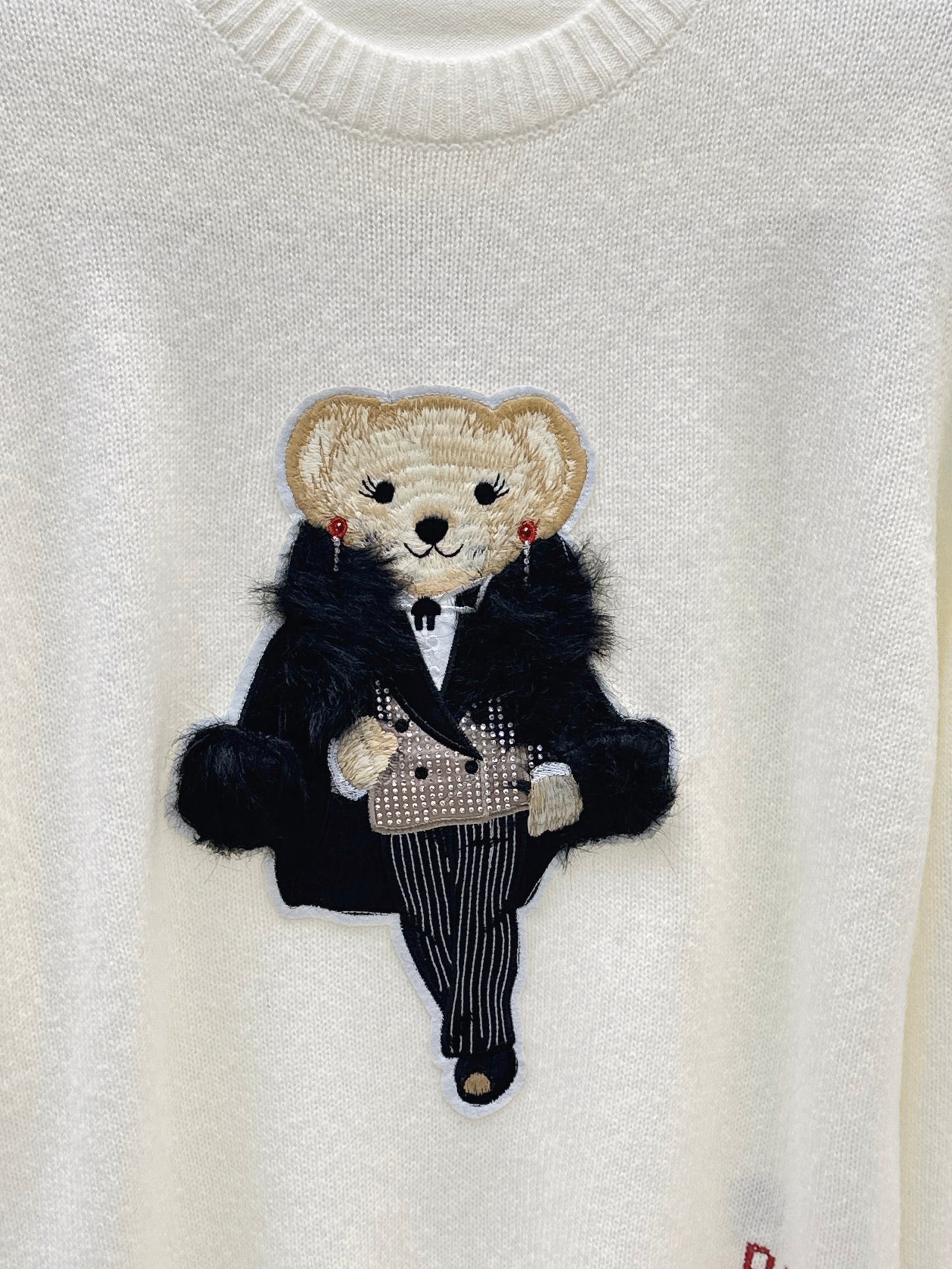 Ral 25 New Bear Embroidered Crew Neck Sweater(white/khaki)