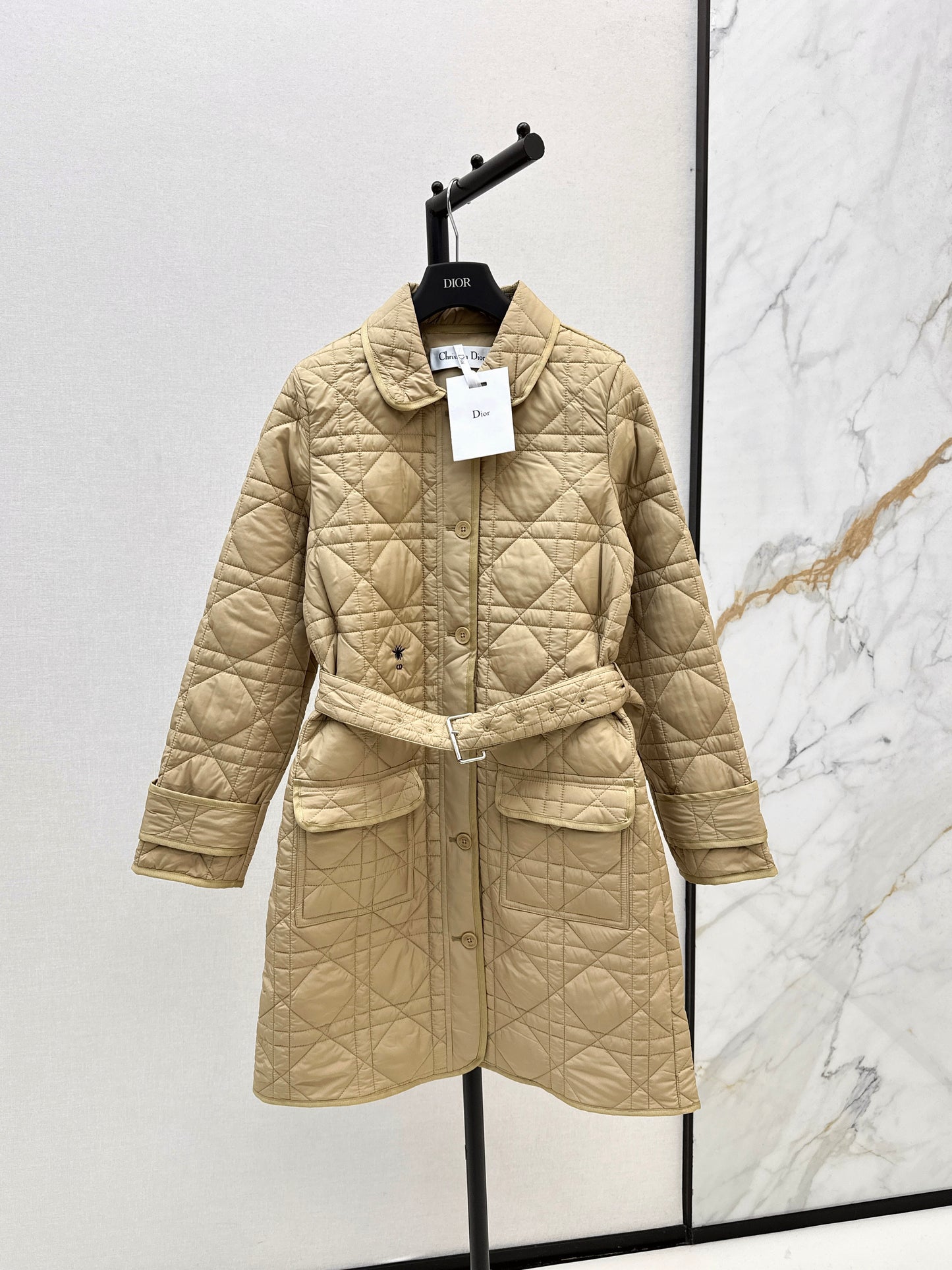 Di 25 Princess Diana rattan check quilted lapel long coat(Khaki/balck)