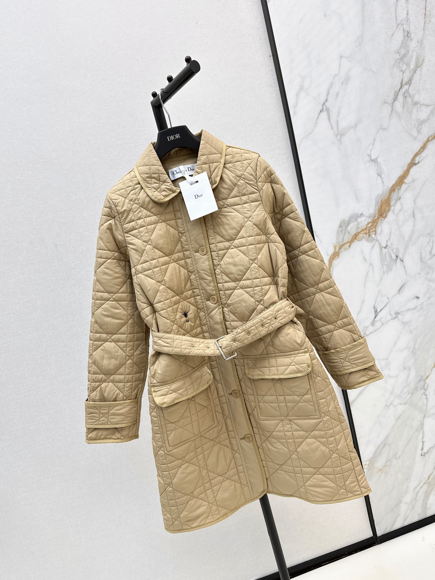 Di 25 Princess Diana rattan check quilted lapel long coat(Khaki/balck)