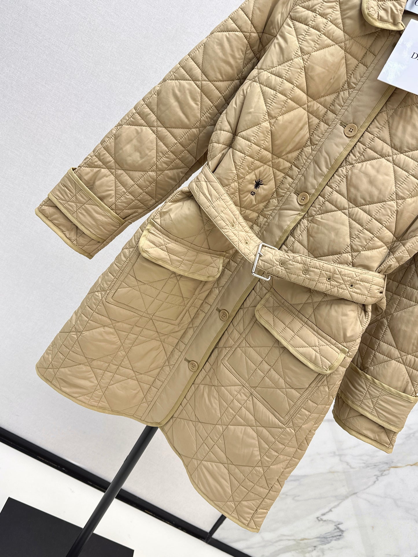 Di 25 Princess Diana rattan check quilted lapel long coat(Khaki/balck)