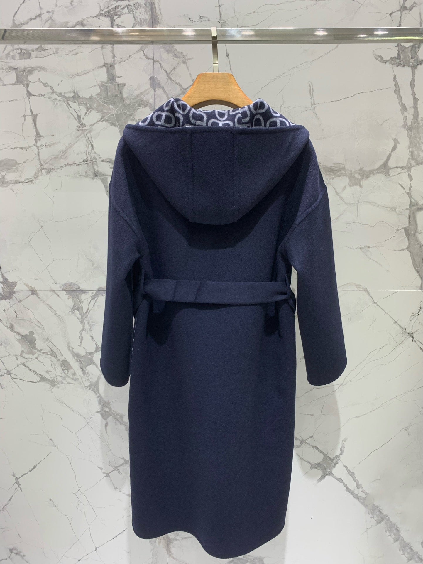 He 25 Jacquard double-faced wool hooded long coat jacket