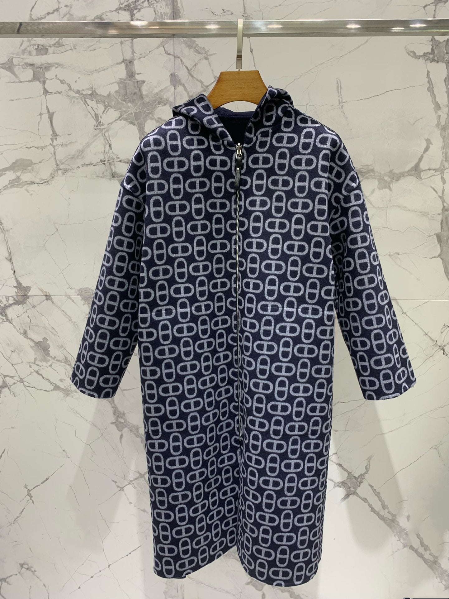 He 25 Jacquard double-faced wool hooded long coat jacket