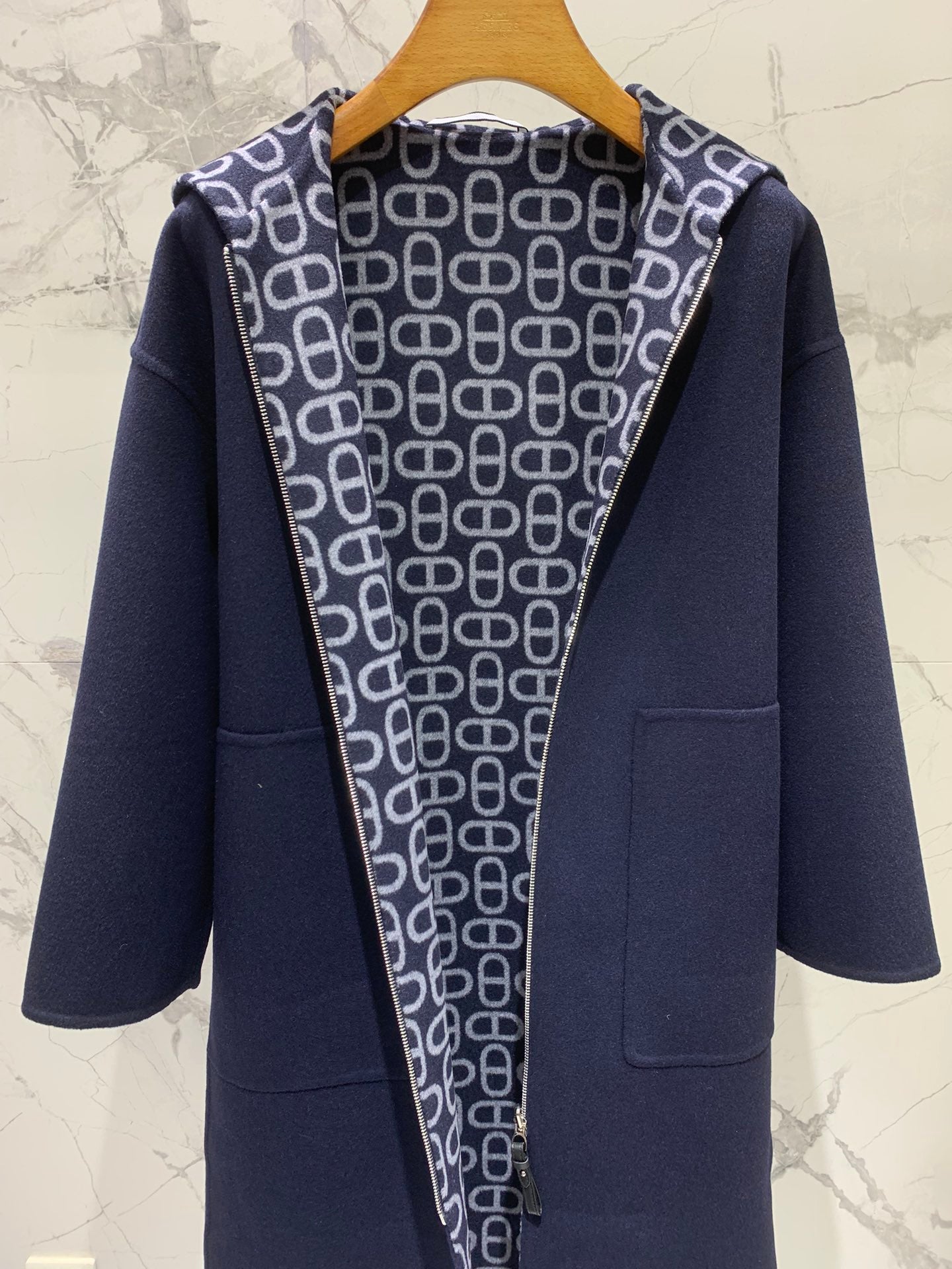 He 25 Jacquard double-faced wool hooded long coat jacket
