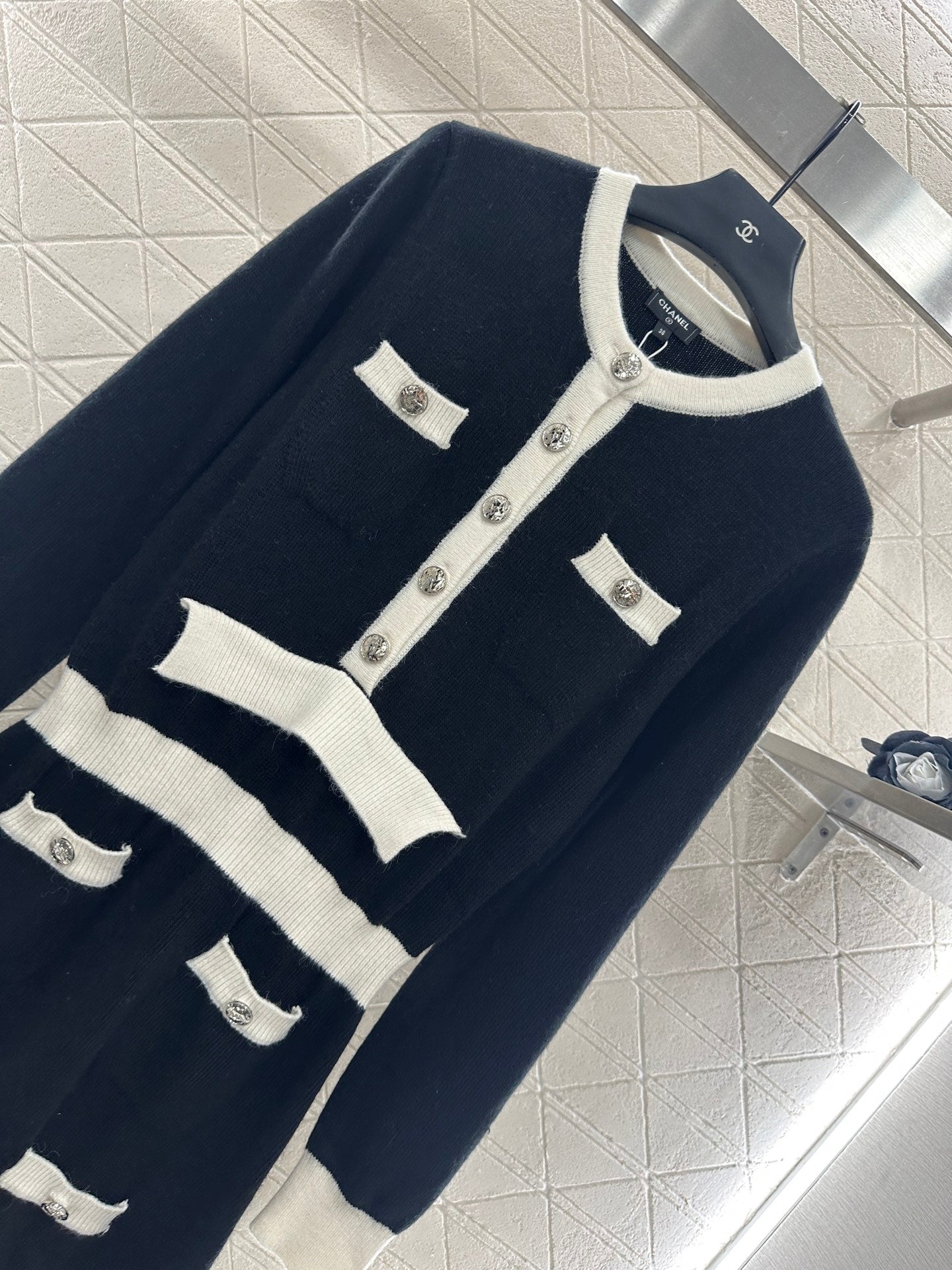 C 25 Wool Knitted Long Sleeve Dress(WHITE/BLACK)