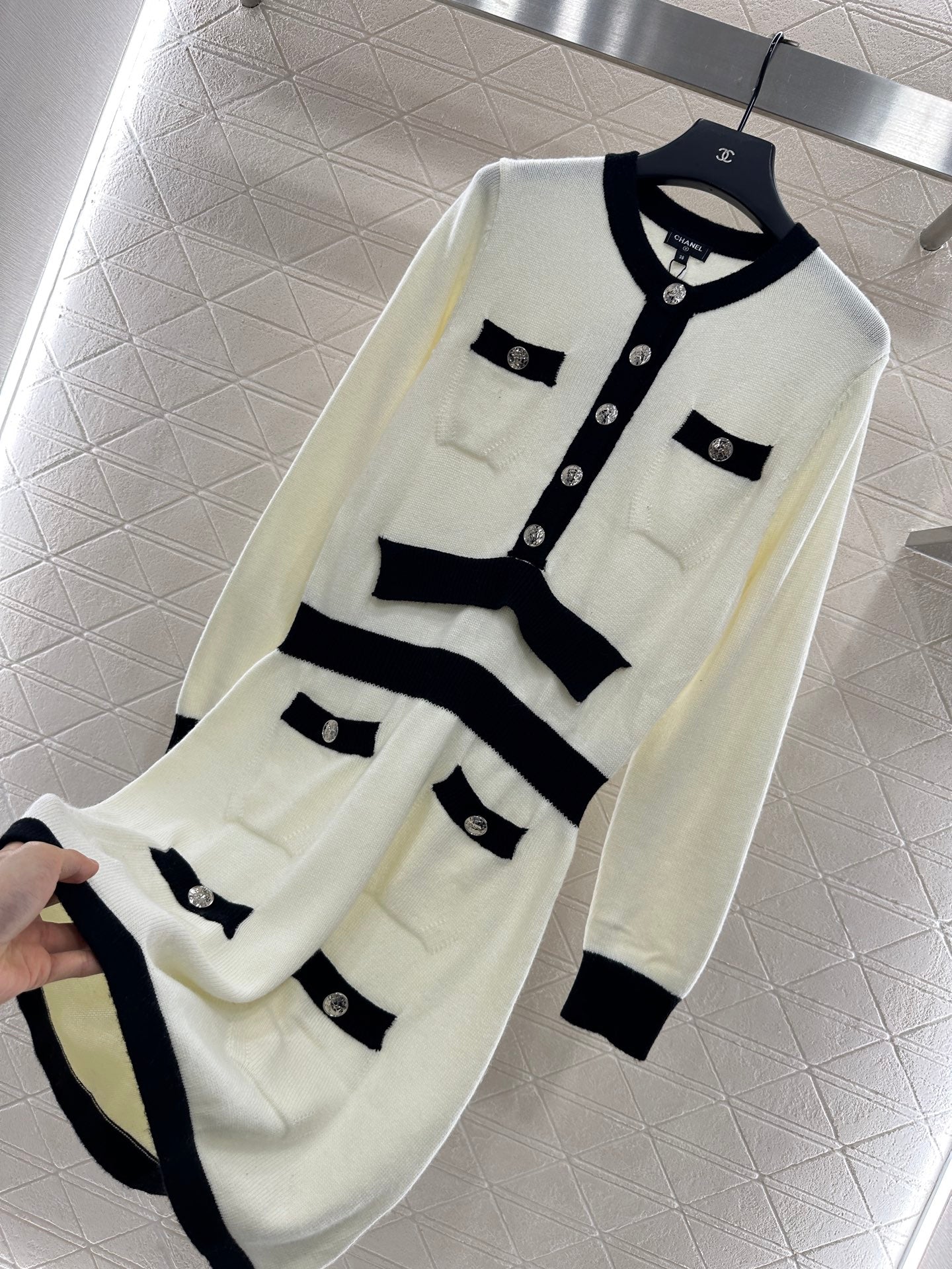 C 25 Wool Knitted Long Sleeve Dress(WHITE/BLACK)