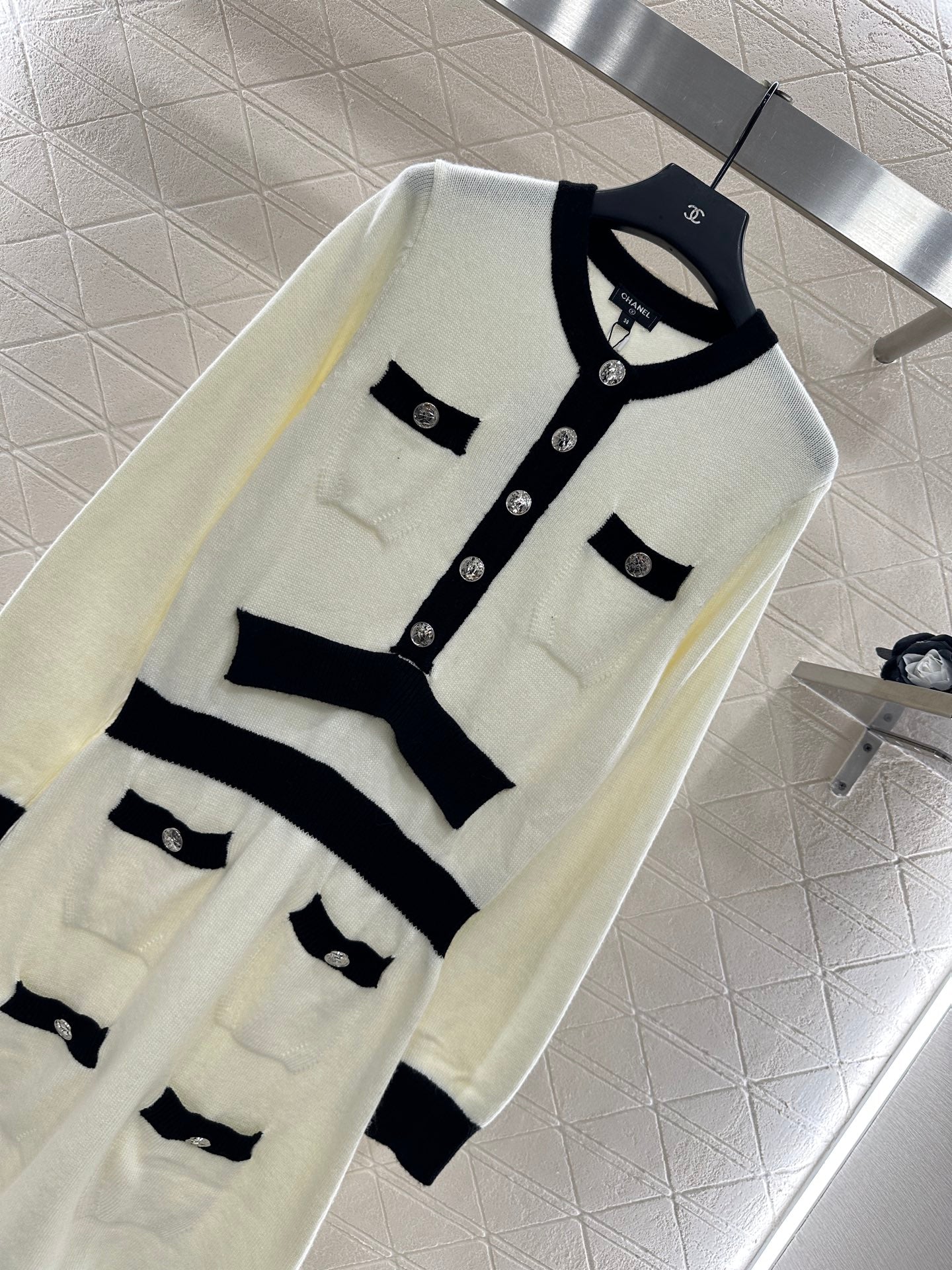 C 25 Wool Knitted Long Sleeve Dress(WHITE/BLACK)