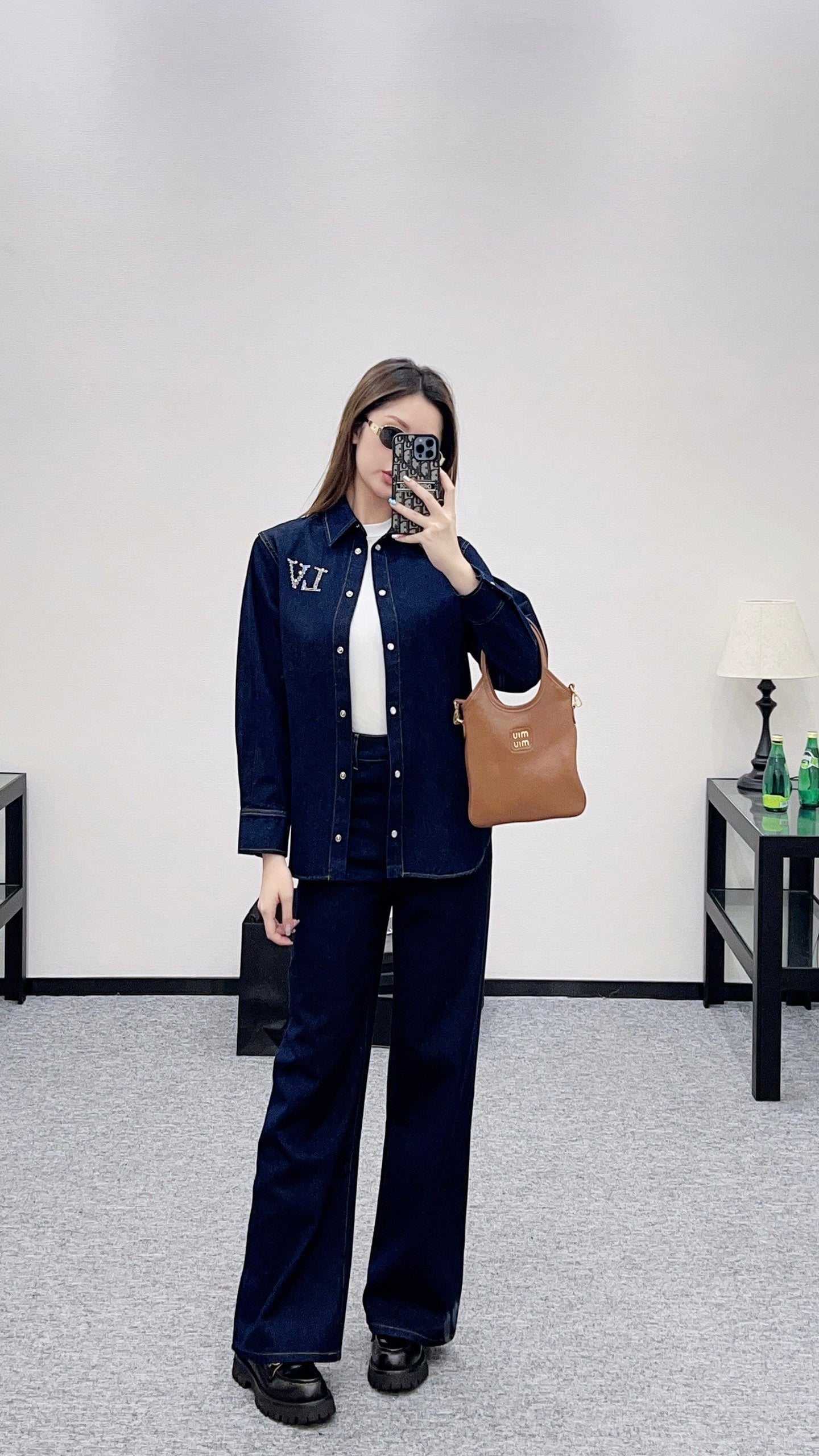 L 25 Collar rhinestone denim shirt+pants set