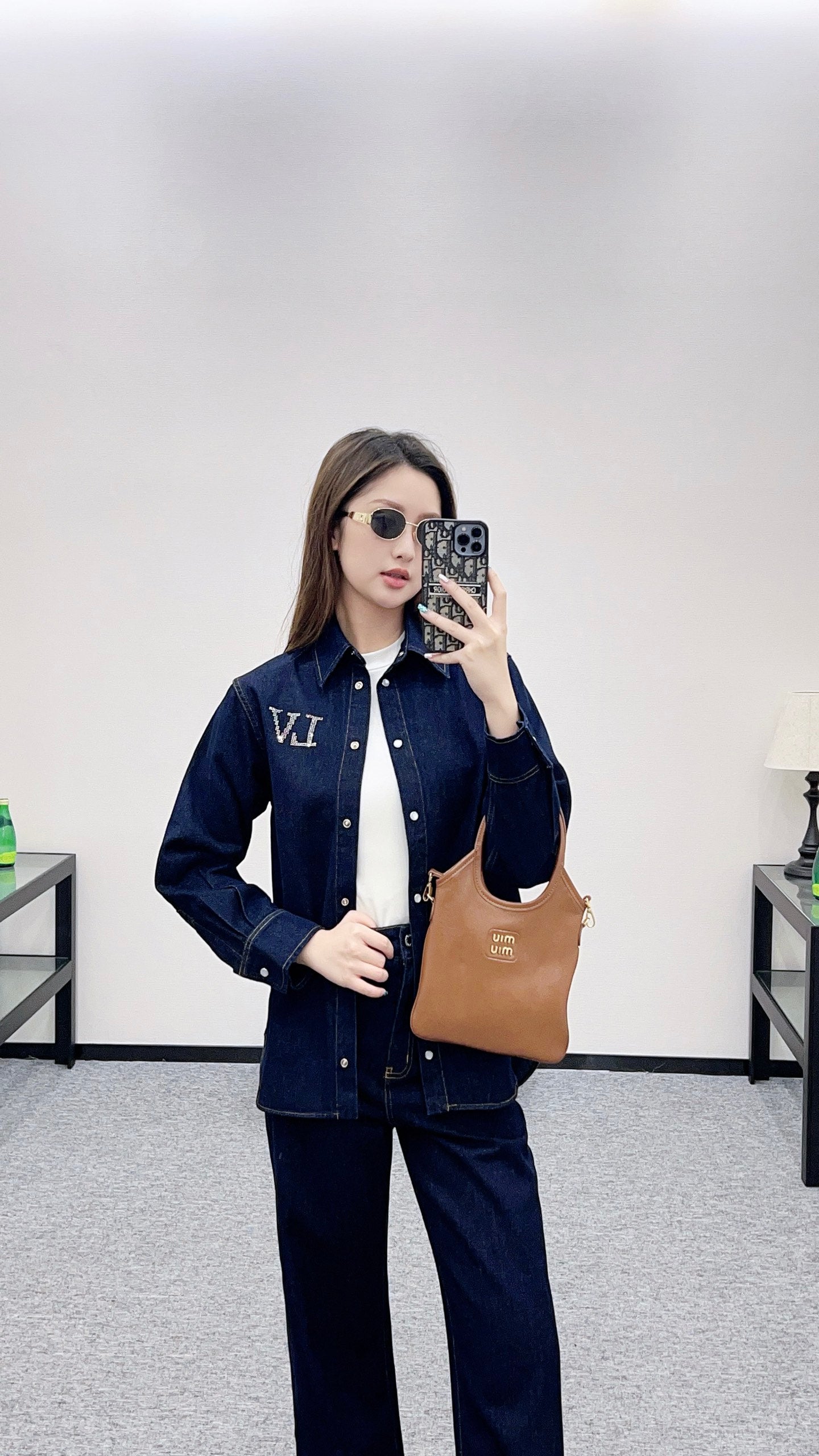 L 25 Collar rhinestone denim shirt+pants set