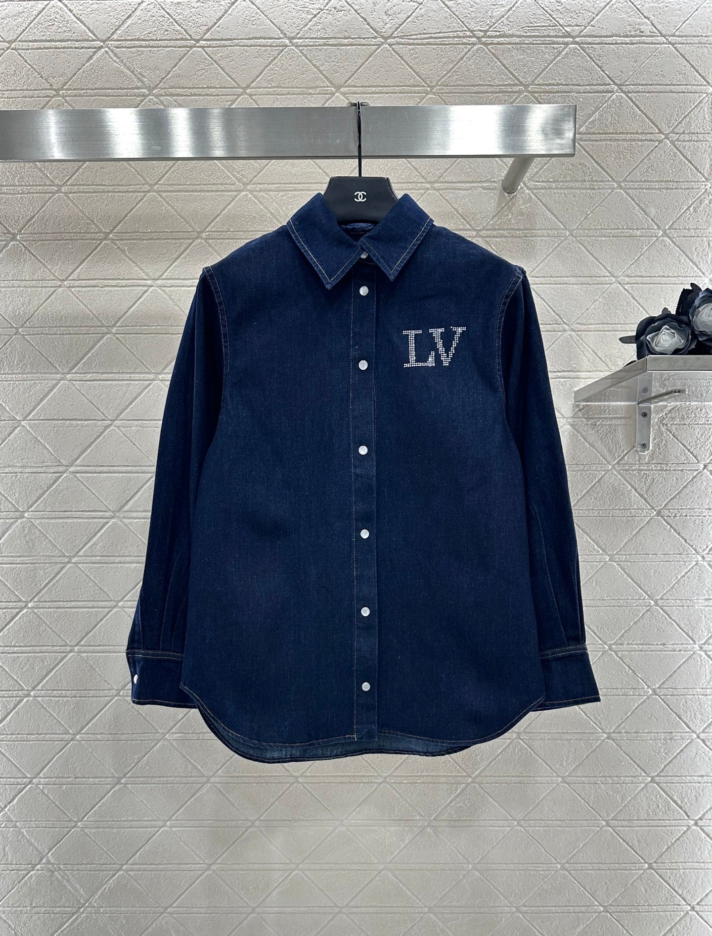L 25 Collar rhinestone denim shirt+pants set