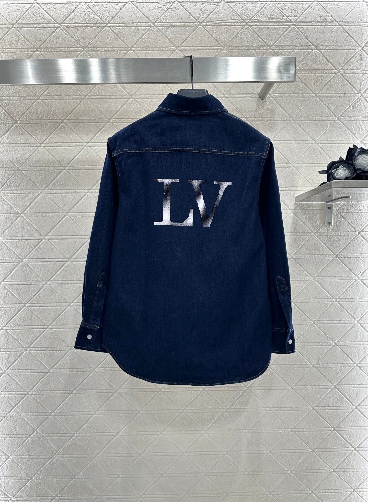 L 25 Collar rhinestone denim shirt+pants set