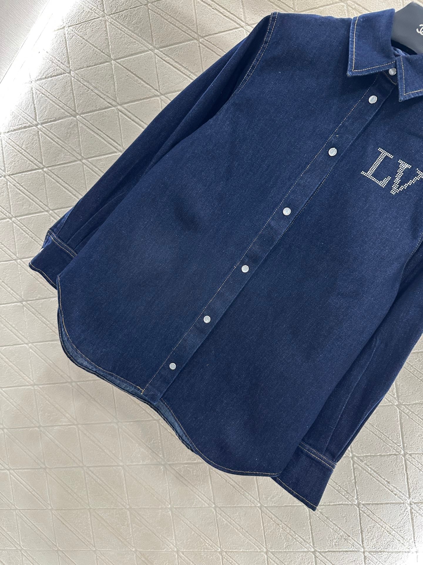 L 25 Collar rhinestone denim shirt+pants set