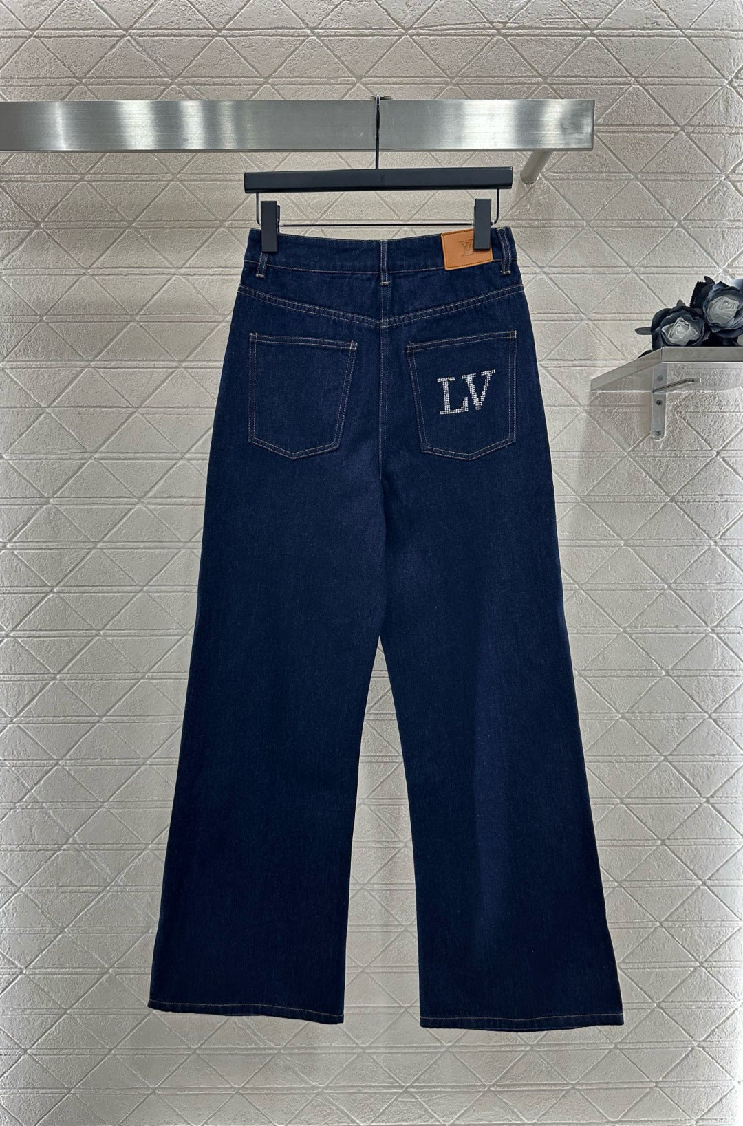 L 25 Collar rhinestone denim shirt+pants set