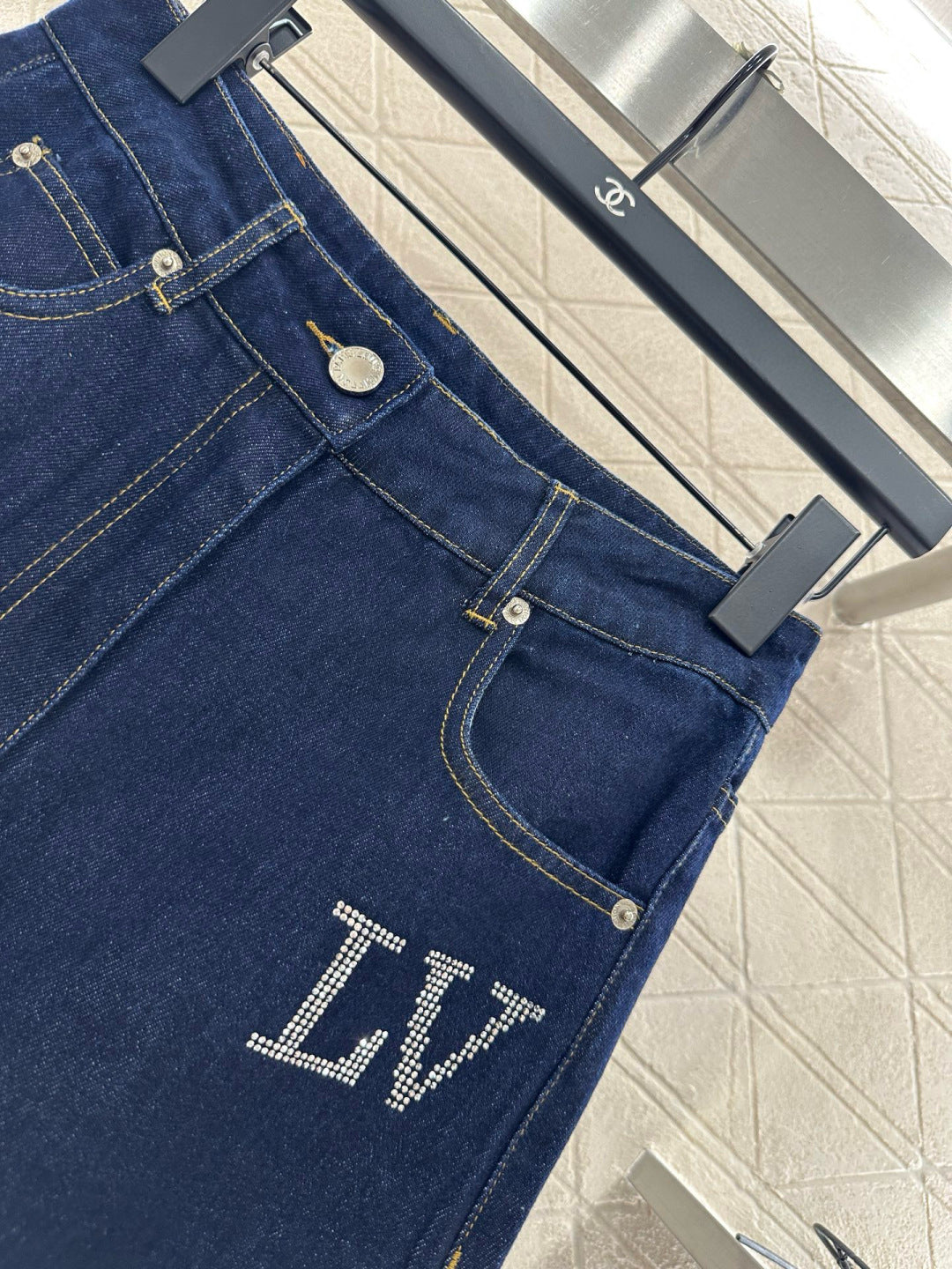 L 25 Collar rhinestone denim shirt+pants set