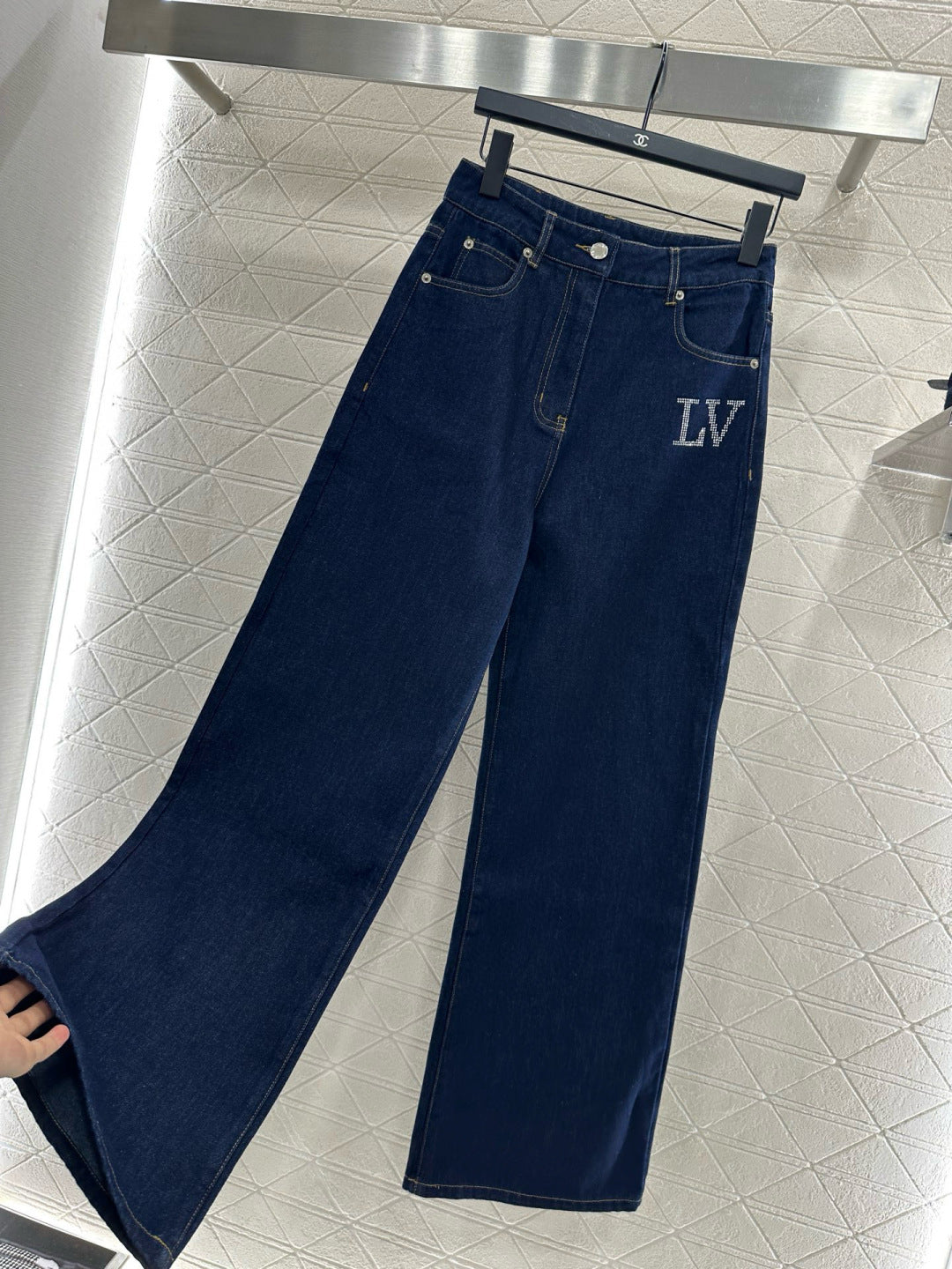 L 25 Collar rhinestone denim shirt+pants set