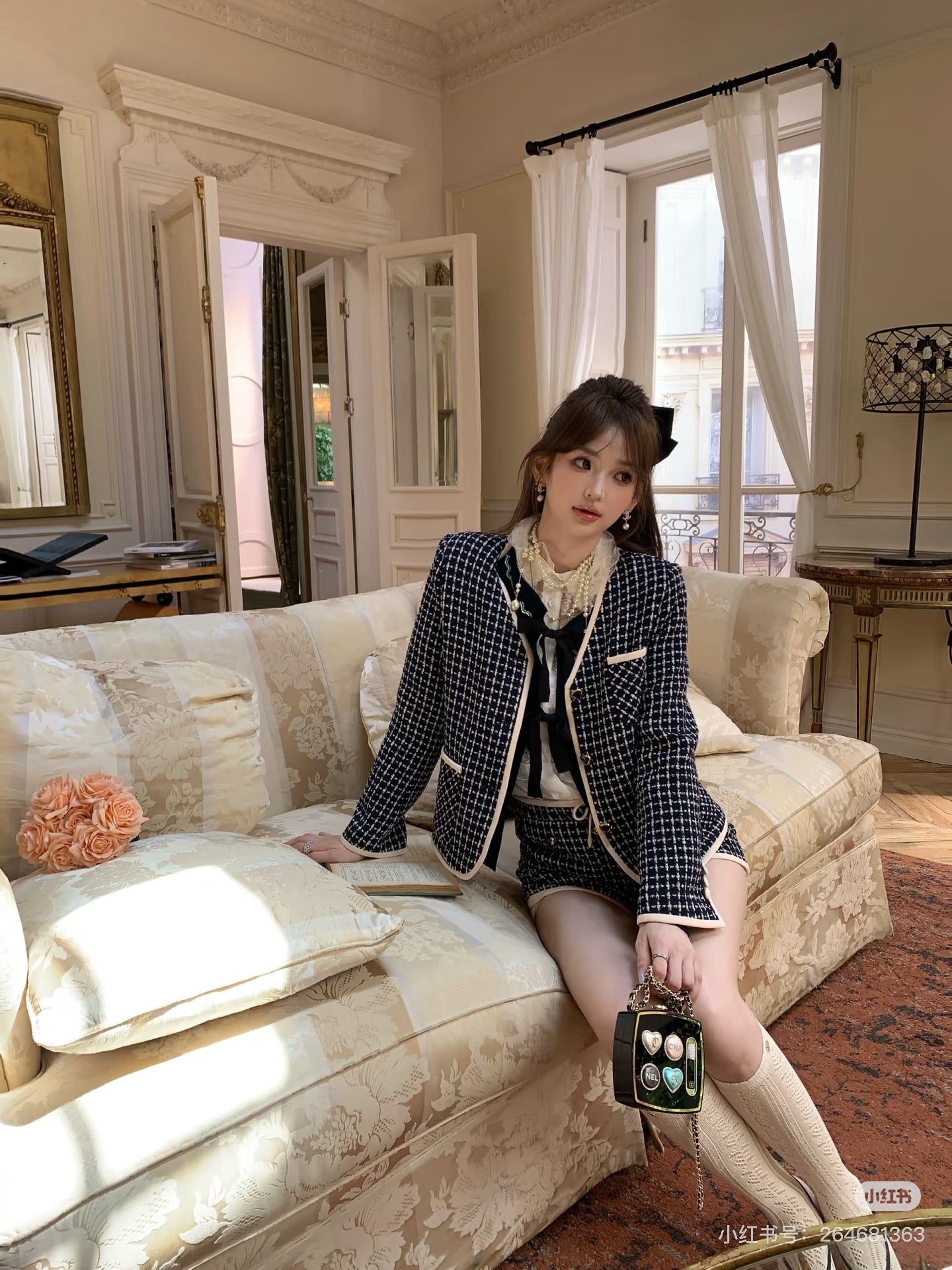 Mi 25 Woven Tweed Jacket + Bow Tie Trimmed Shorts Set