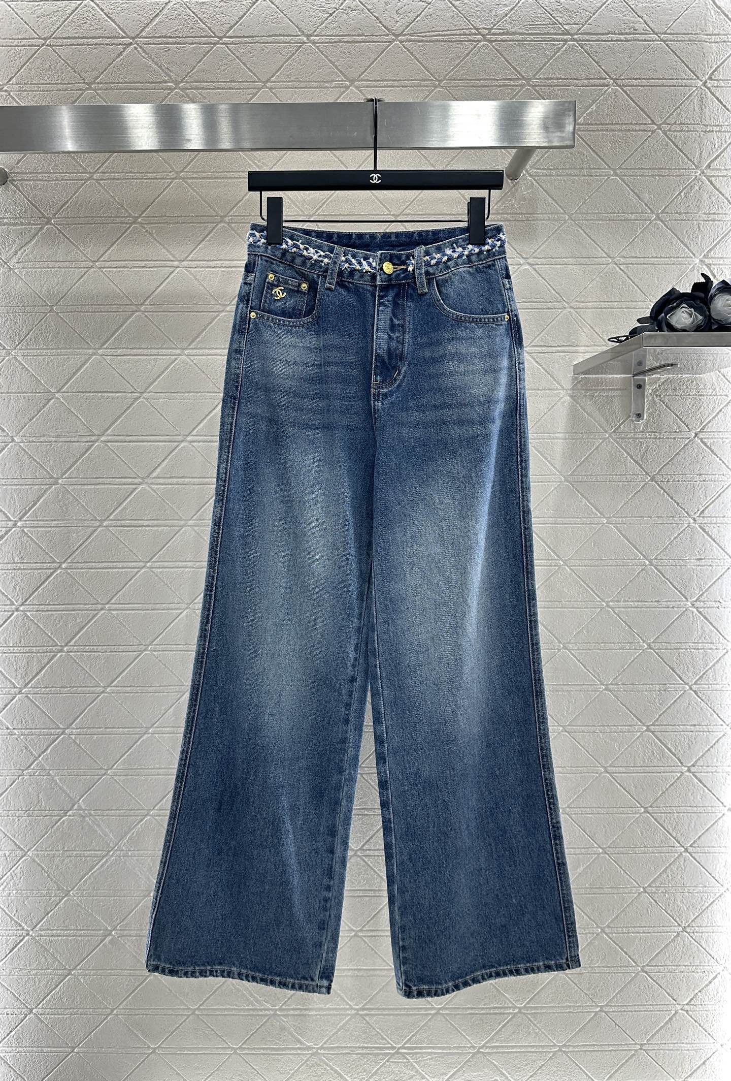 C 25 High-waisted bleached pleated denim trousers
