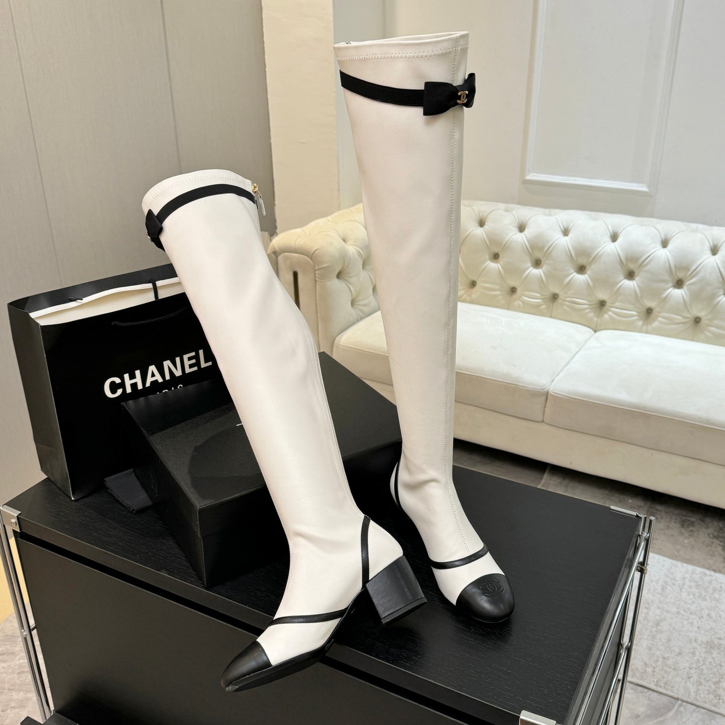 C 25 new butterfly bow high-heeled boots(WHITE/BLACK)