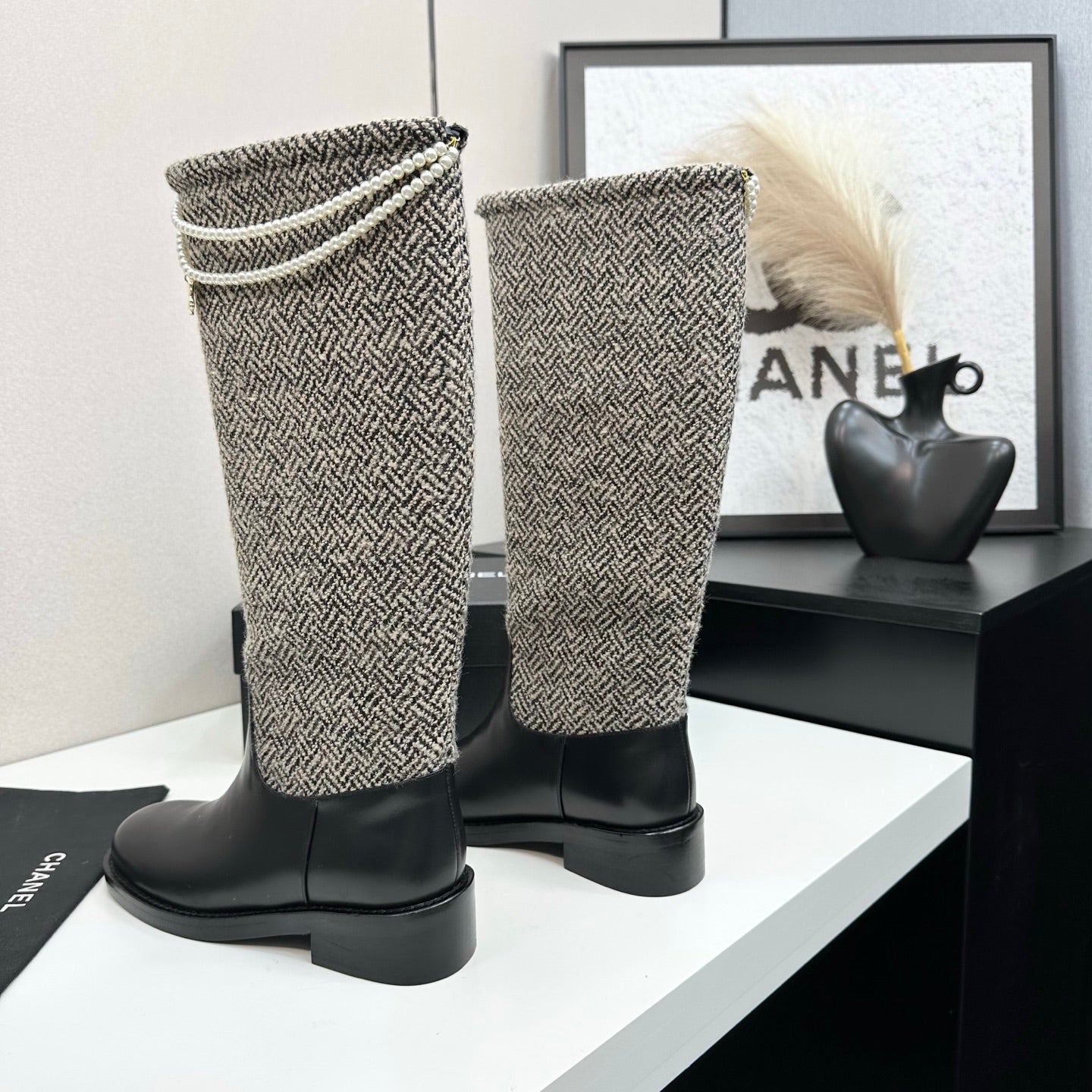 C 25 Pearl necklace decoration thick soled boots(GRAY/BLACK)