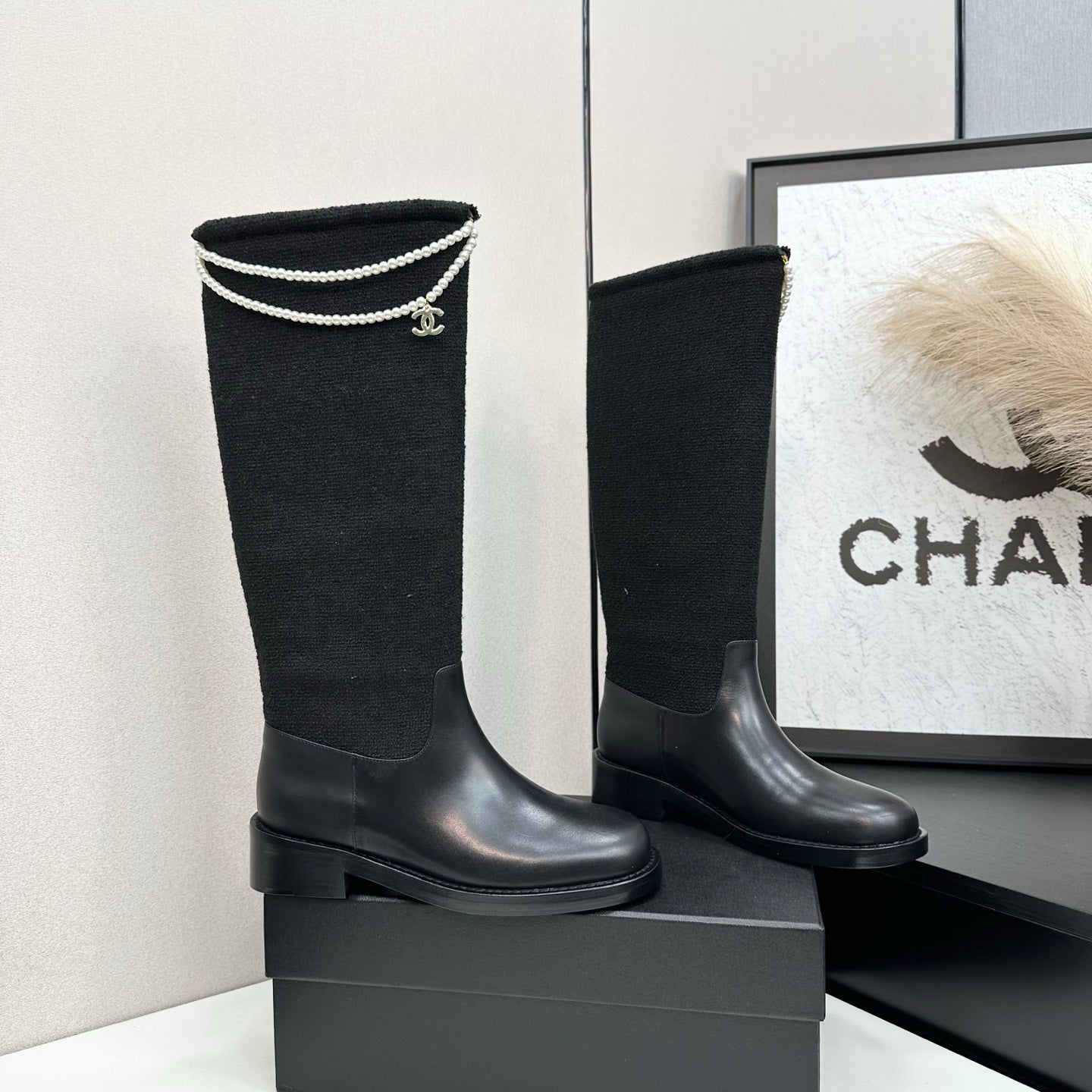 C 25 Pearl necklace decoration thick soled boots(GRAY/BLACK)