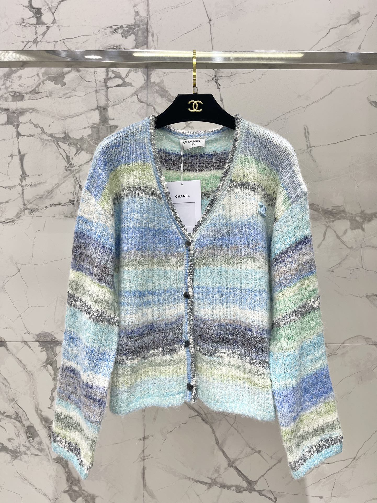 C 25 Gradient stripe patchwork mohair knitted cardigan