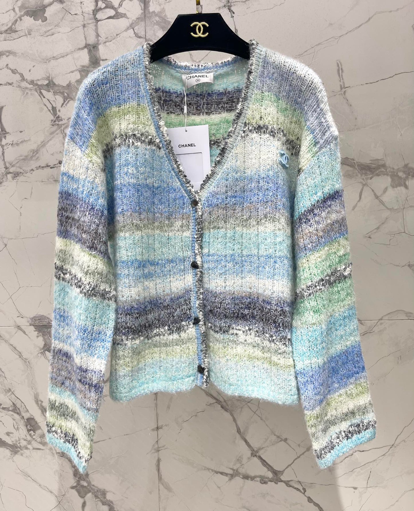 C 25 Gradient stripe patchwork mohair knitted cardigan