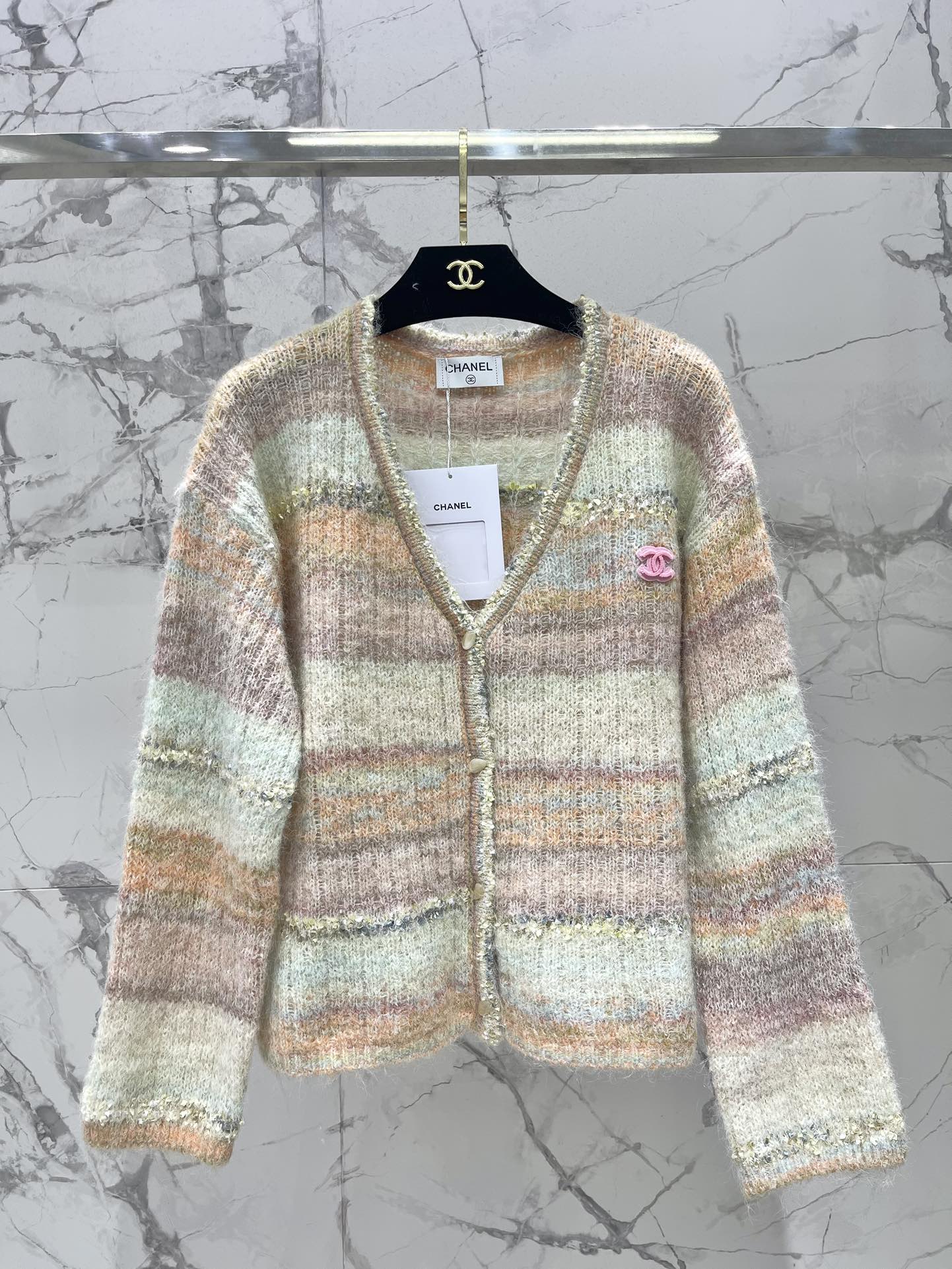 C 25 Gradient stripe patchwork mohair knitted cardigan