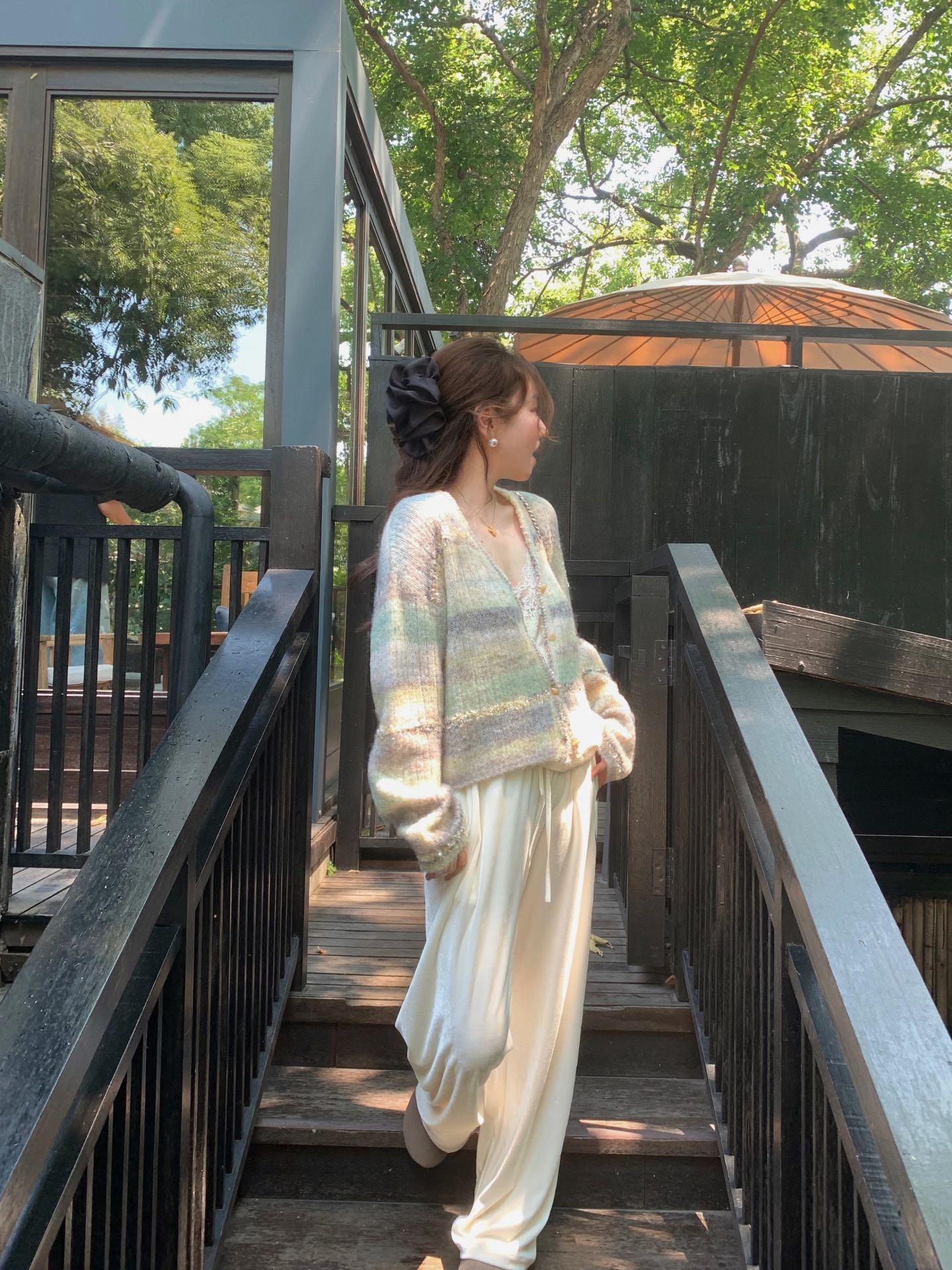 C 25 Gradient stripe patchwork mohair knitted cardigan