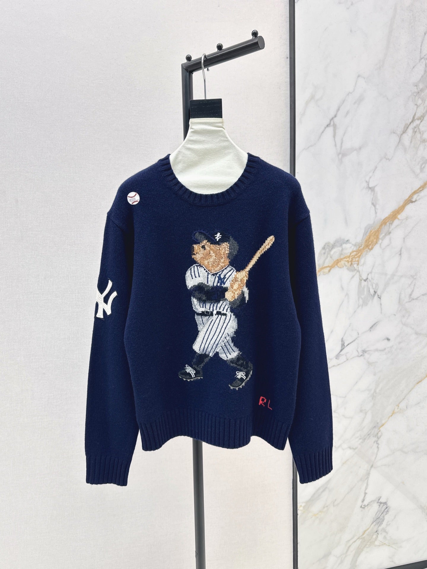 Ral 25 New joint baseball bear wool sweater(WHITE/NAVY)
