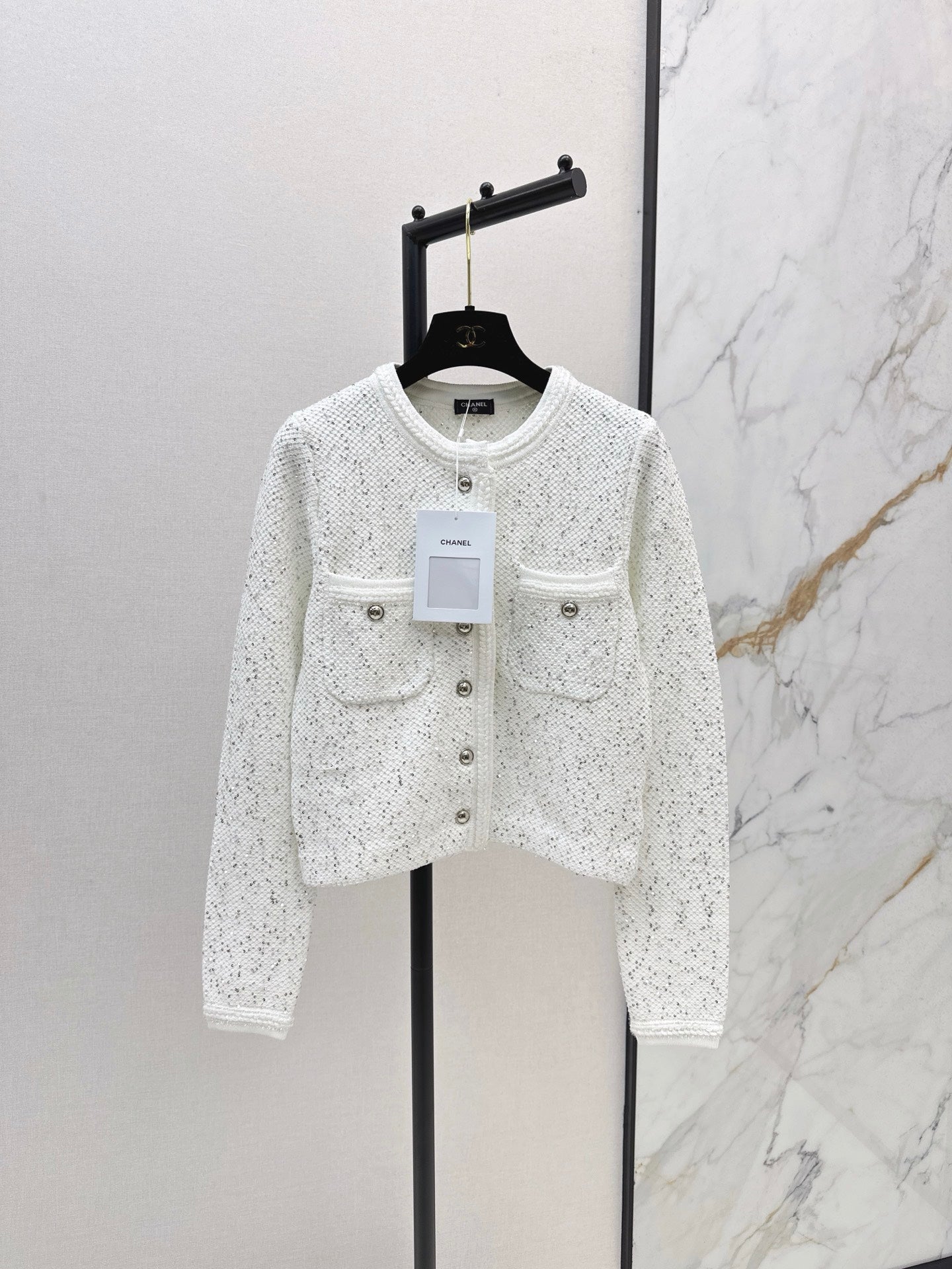 C 25 New Sequined Cropped Cardigan(WHITE/BLACK)