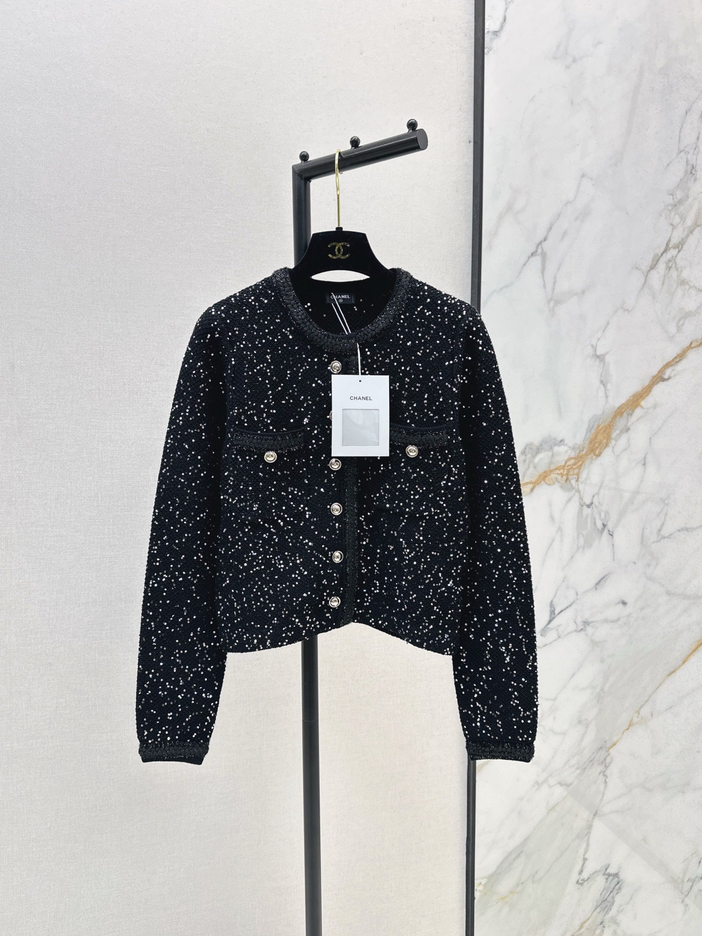 C 25 New Sequined Cropped Cardigan(WHITE/BLACK)