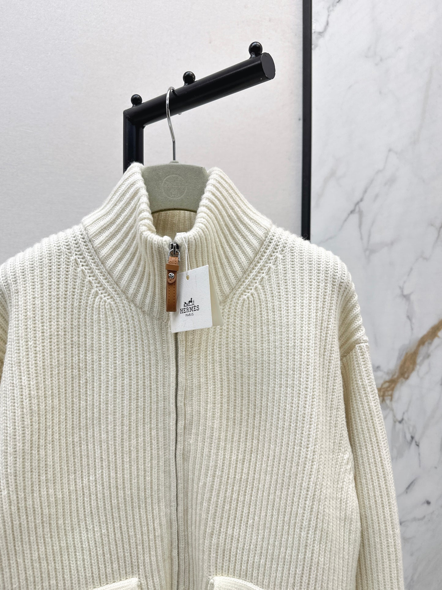 He 25 Mid-length cashmere knitted zip-up jacket(100% cashmere BEIGI/BLACK)