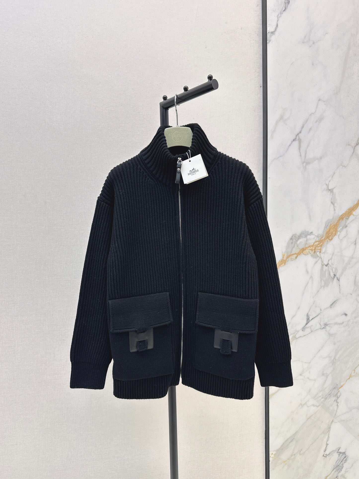 He 25 Mid-length cashmere knitted zip-up jacket(100% cashmere BEIGI/BLACK)